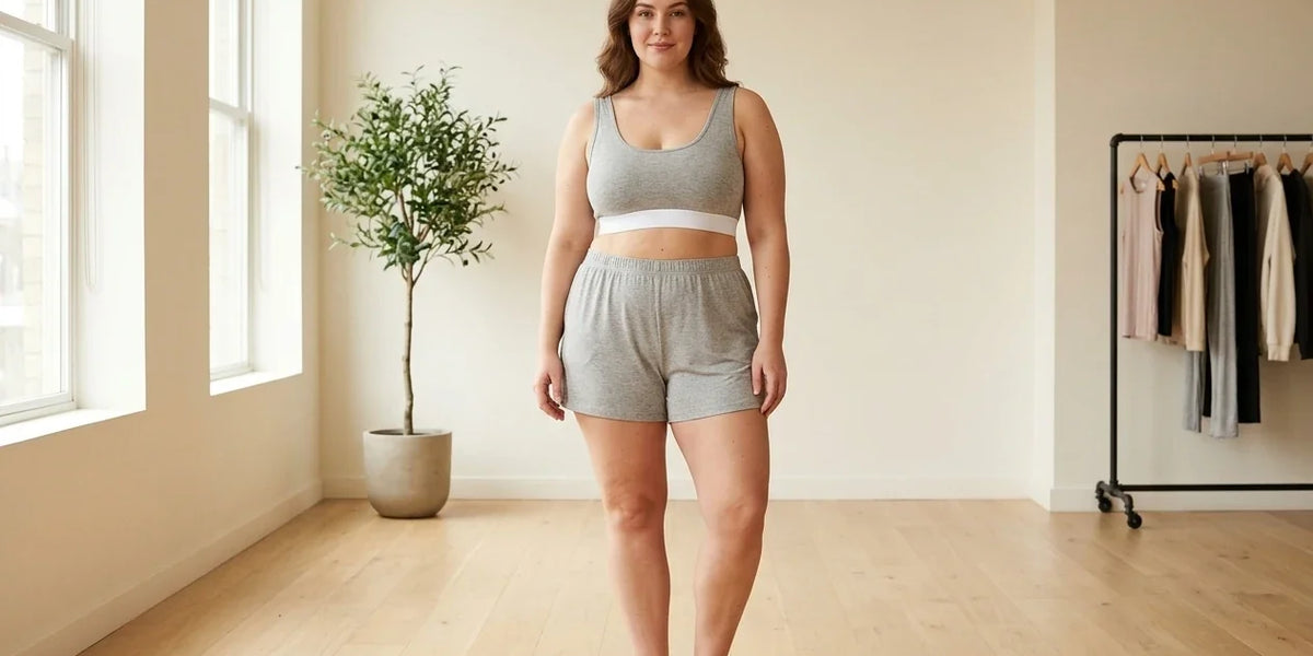 Model wearing Women's XX-Large Bras lace-trim bralette and matching shorts in Online Warehouse Sale boutique studio