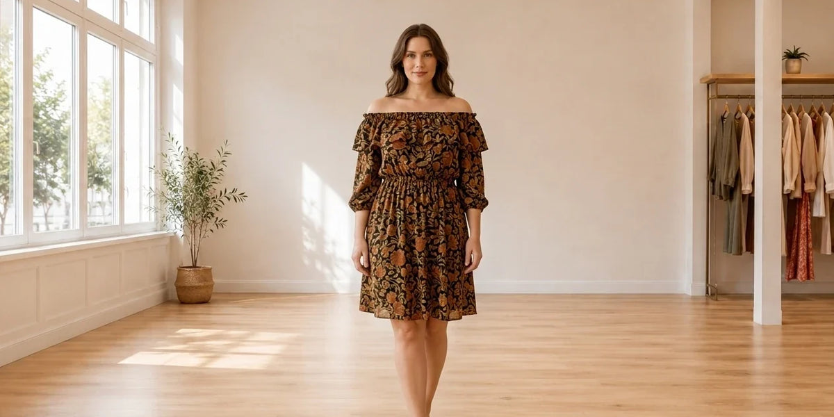 Model wearing Women's XX-Large Dresses Women's Off-The-Shoulder Printed Dress in Online Warehouse Sale boutique studio