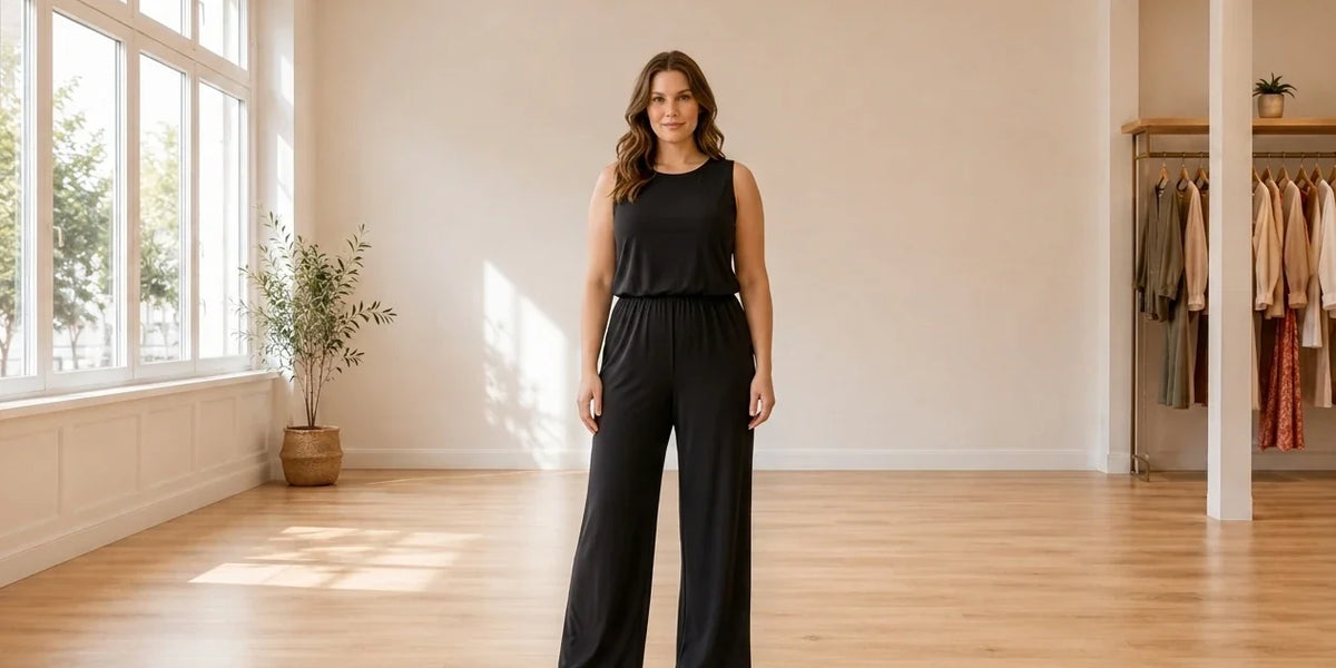 Model wearing Women's XX-Large Jumpsuits and Rompers Women's Solid Wide-Leg Jumpsuit in Online Warehouse Sale boutique studio