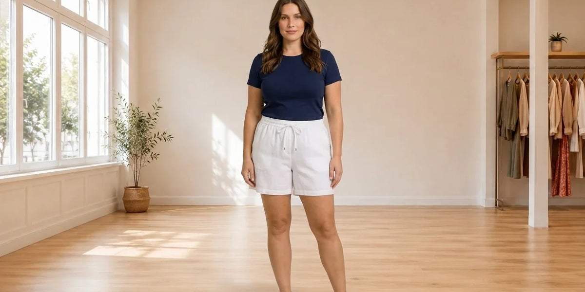 Model wearing Women's XX-Large Shorts Women's Pull-On Shorts in Online Warehouse Sale boutique studio
