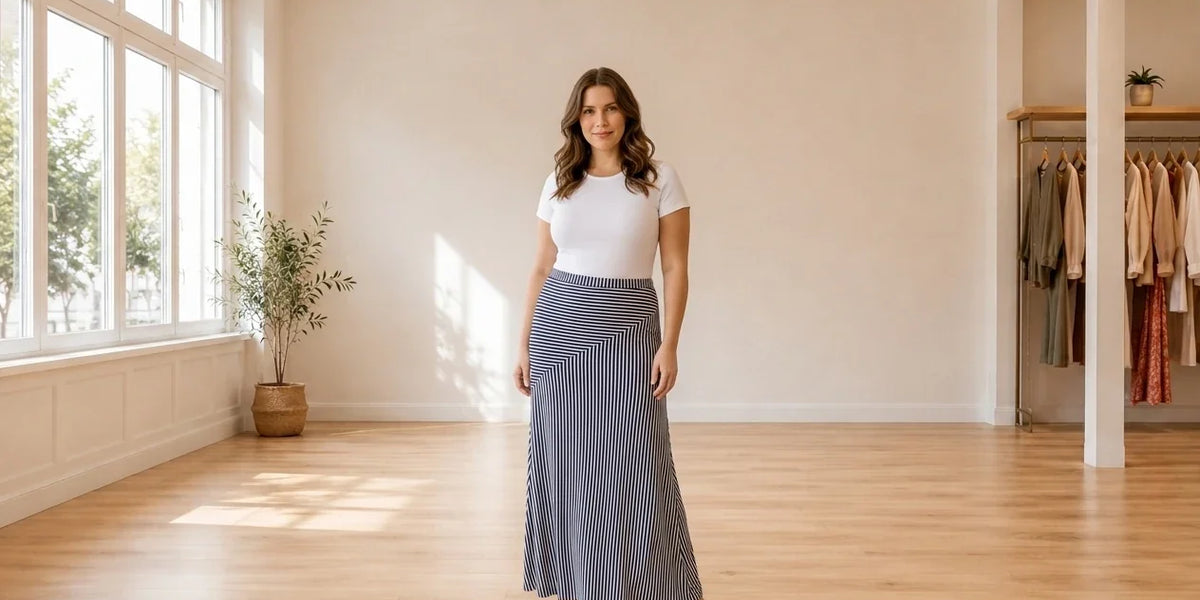 Model wearing Women's XX-Large Skirts Women's Striped Pull-On Maxi Skirt in Online Warehouse Sale boutique studio