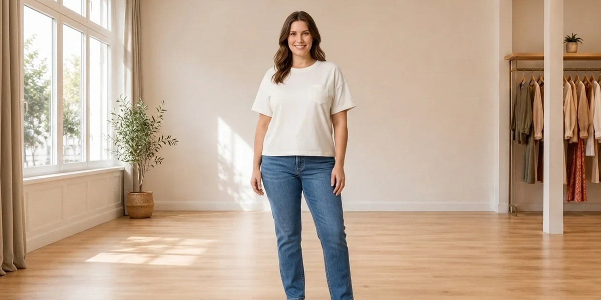 Model wearing Women's XX-Large T-Shirts Women's Boxy Crewneck T-Shirt in Online Warehouse Sale boutique studio