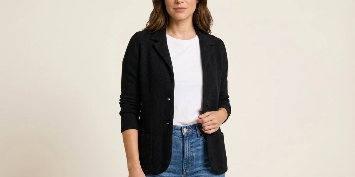 Brunette woman modeling an open black knit blazer jacket layered over a white crewneck t-shirt and medium-wash denim jeans.