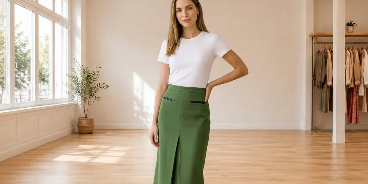 Model wearing Women's XX-Small Skirts Women's Pull-On Knee-Length Pleated Pencil Skirt in Online Warehouse Sale boutique studio