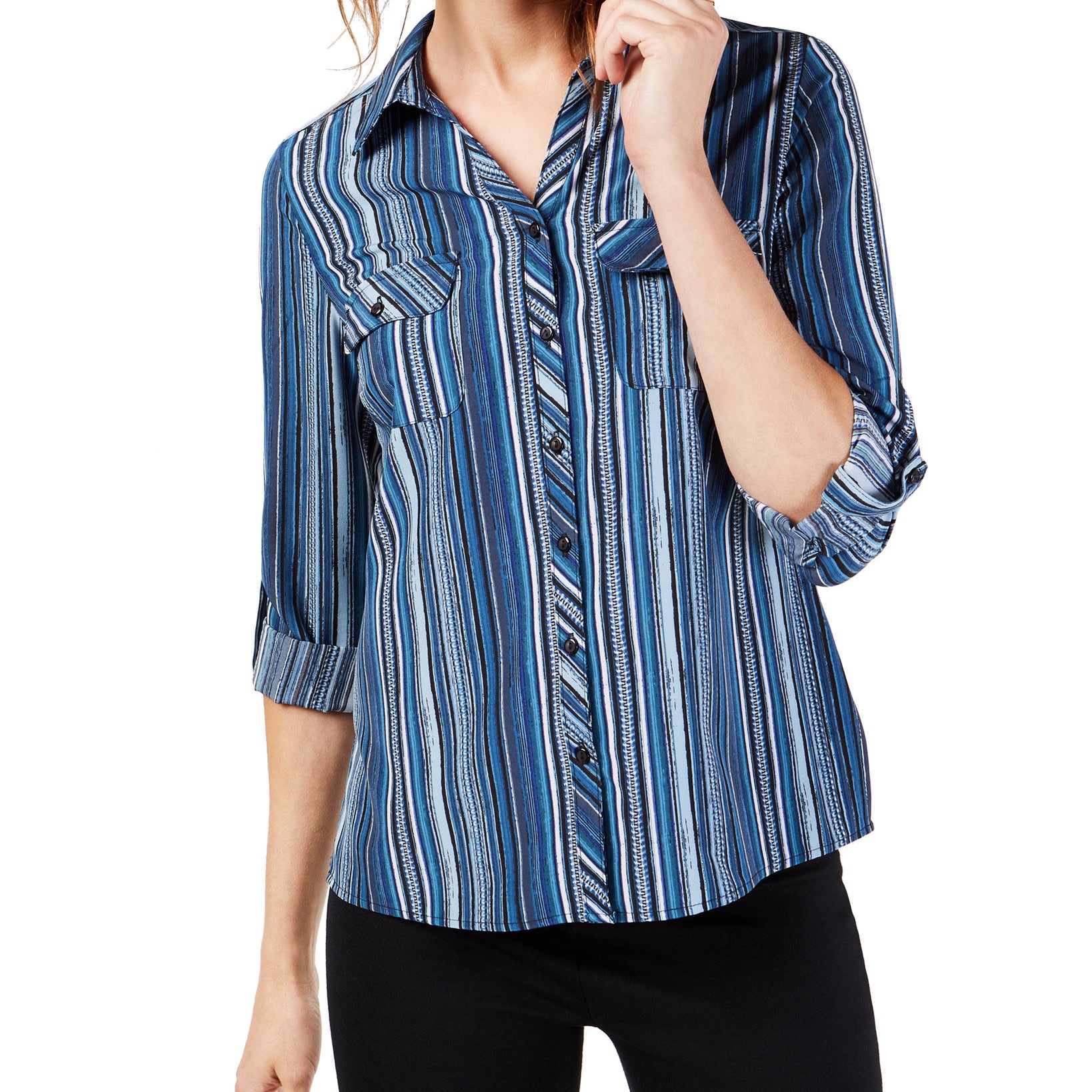 NY Collection Women Petite Printed Utility Shirt Blue Zip Stripe