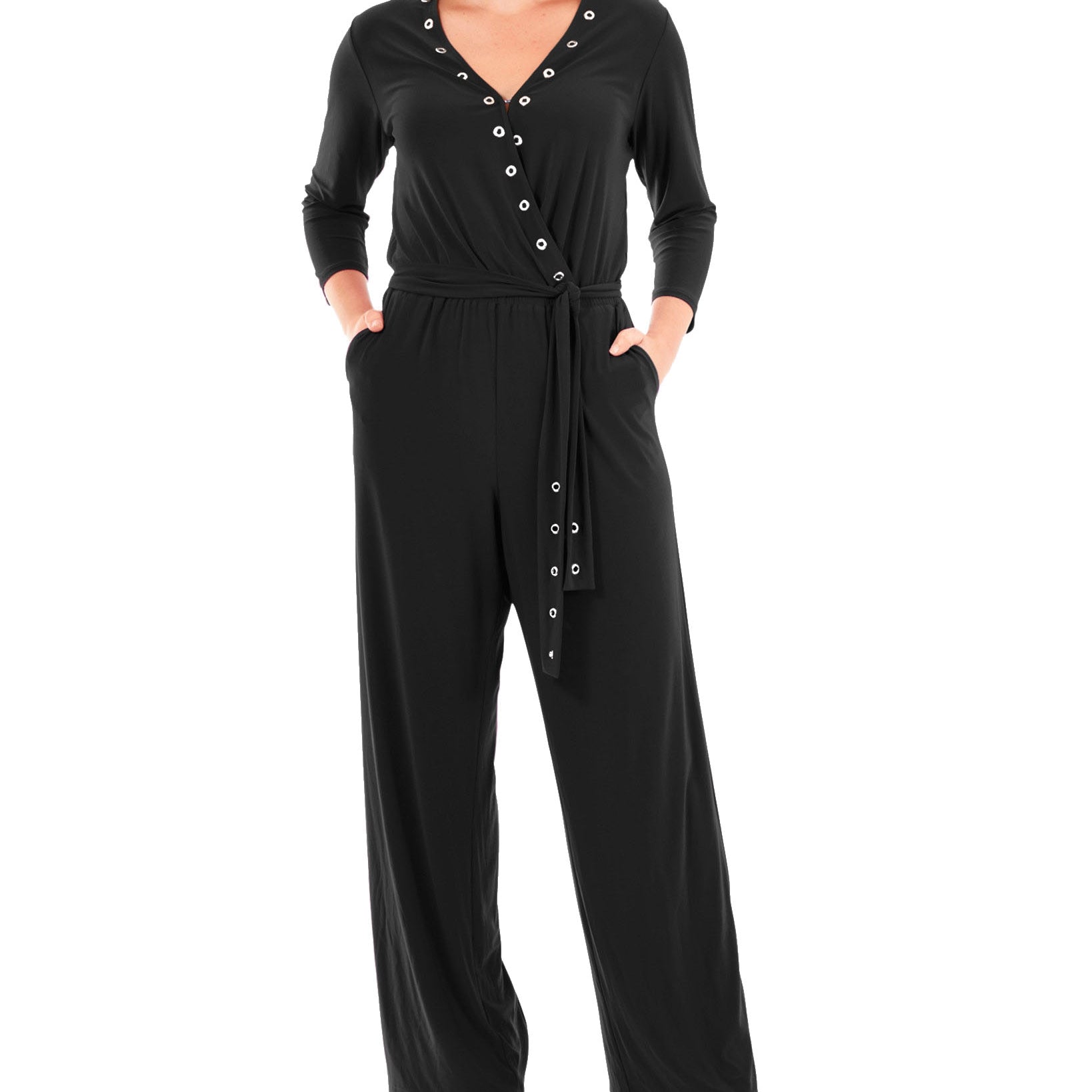 NY Collection Women Grommet Wide Leg Jumpsuit Black