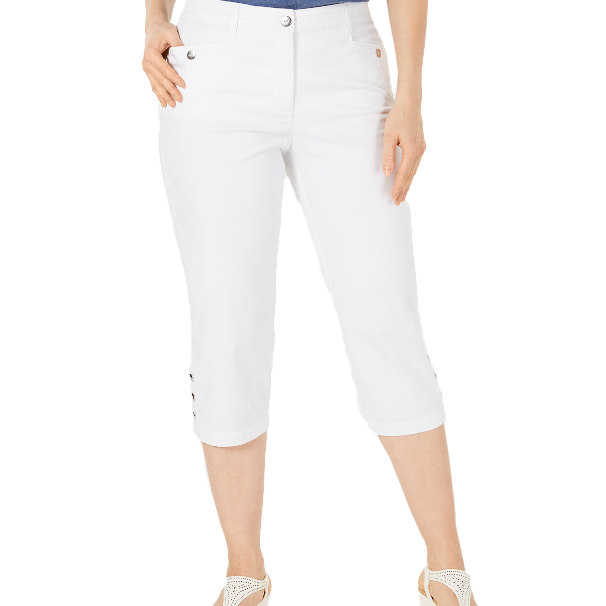 Karen Scott Women Petite Button Hem Capri Pants Bright White