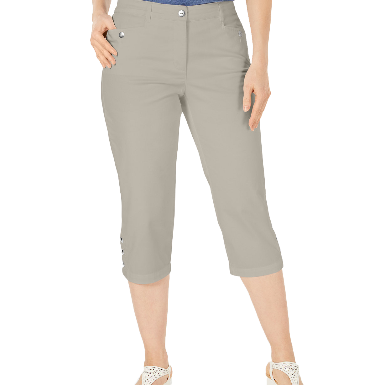 Karen Scott Women Petite Button Hem Capri Pants Stonewall