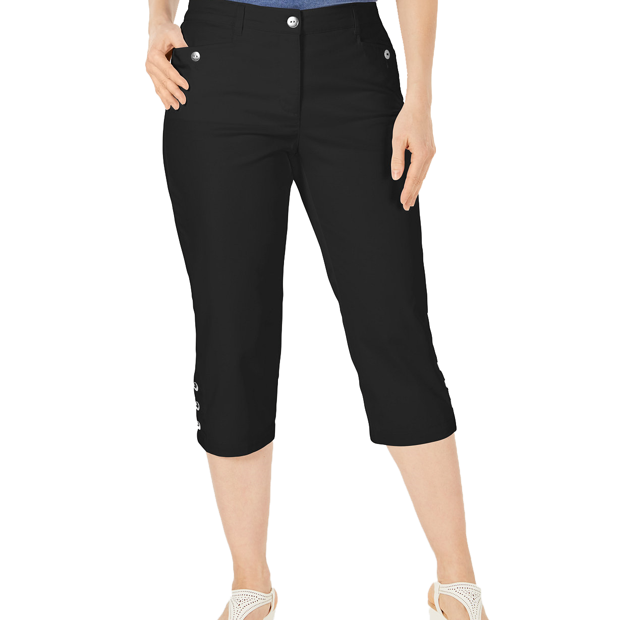 Karen Scott Women Petite Button Hem Capri Pants Deep Black