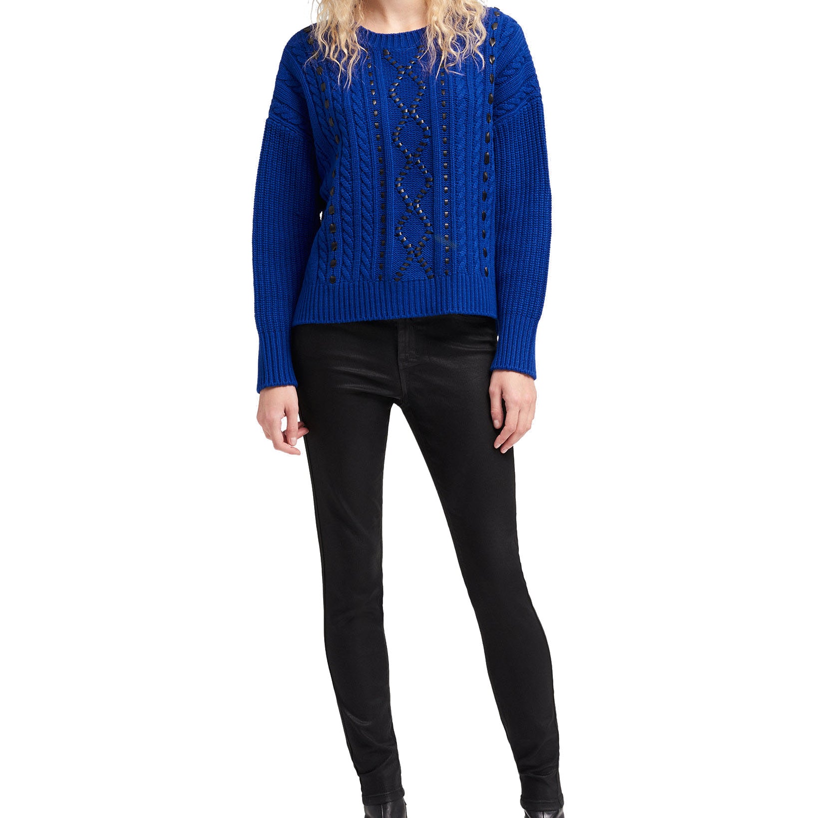 DKNY Women Faux Leather Cable Knit Sweater