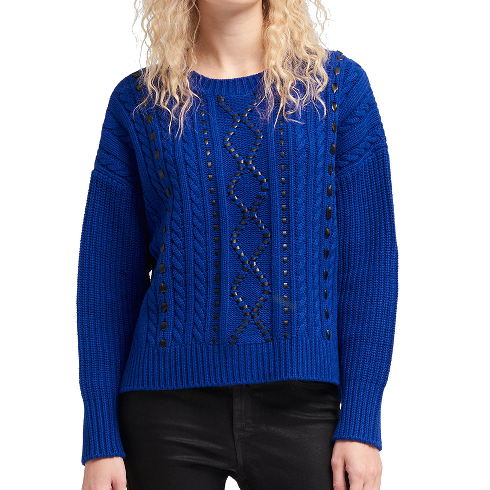 DKNY Women Faux Leather Cable Knit Sweater Sapphire