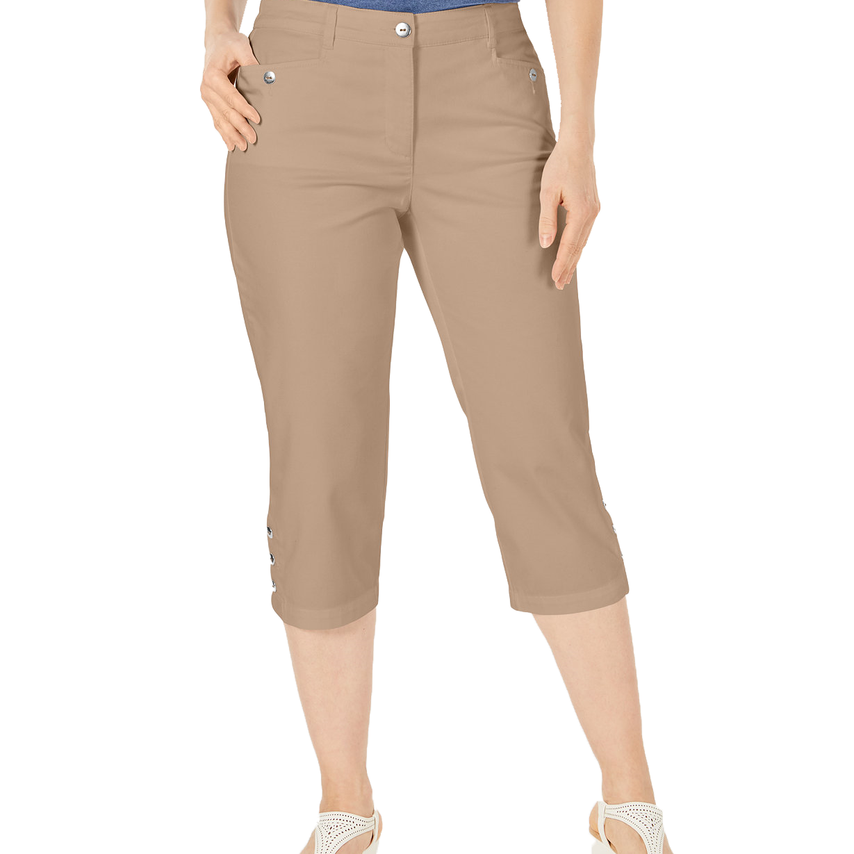Karen Scott Women Button Hem Capri Pants Brass Iron