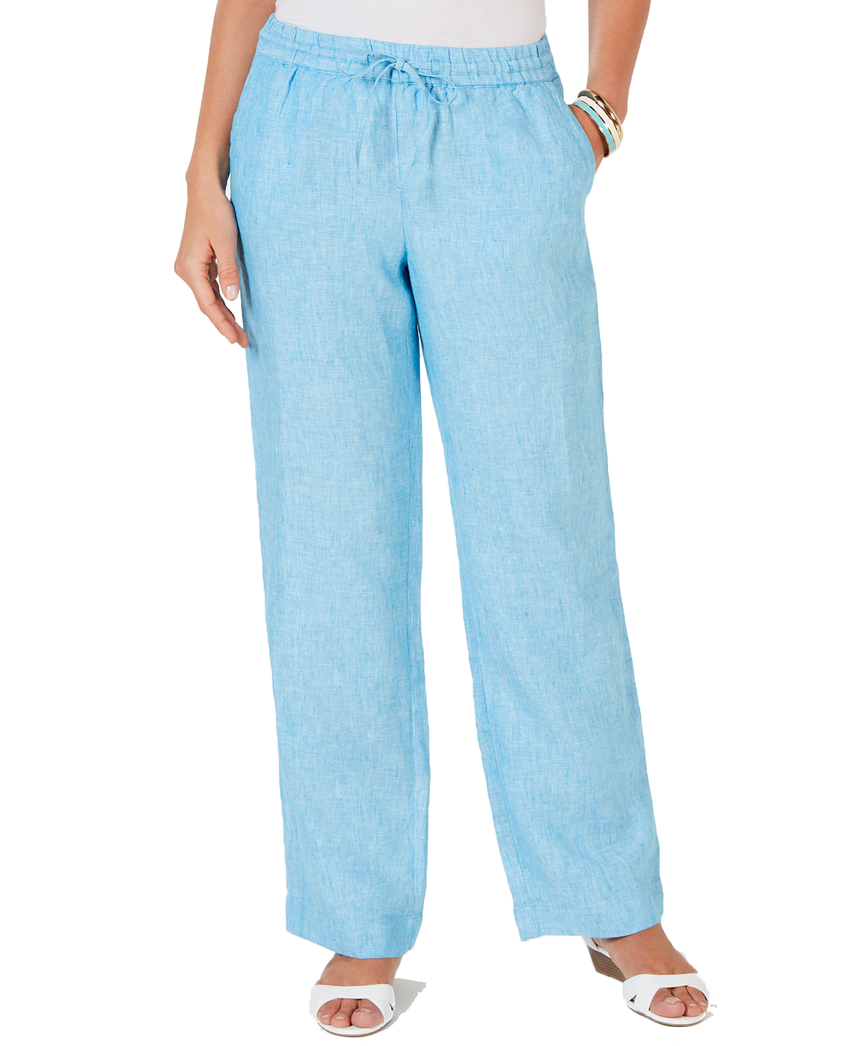 Charter Club Women Linen Drawstring Waist Pants Azre Sky