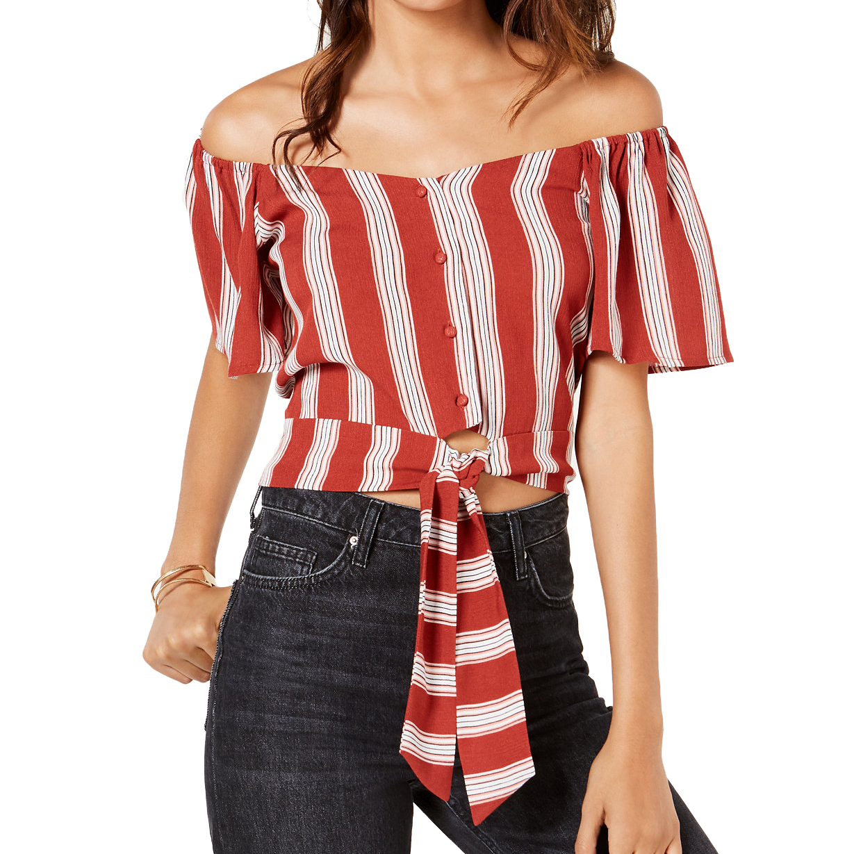 Gypsies & Moondust Women Tie Front Prairie Blouse Rust Stripe
