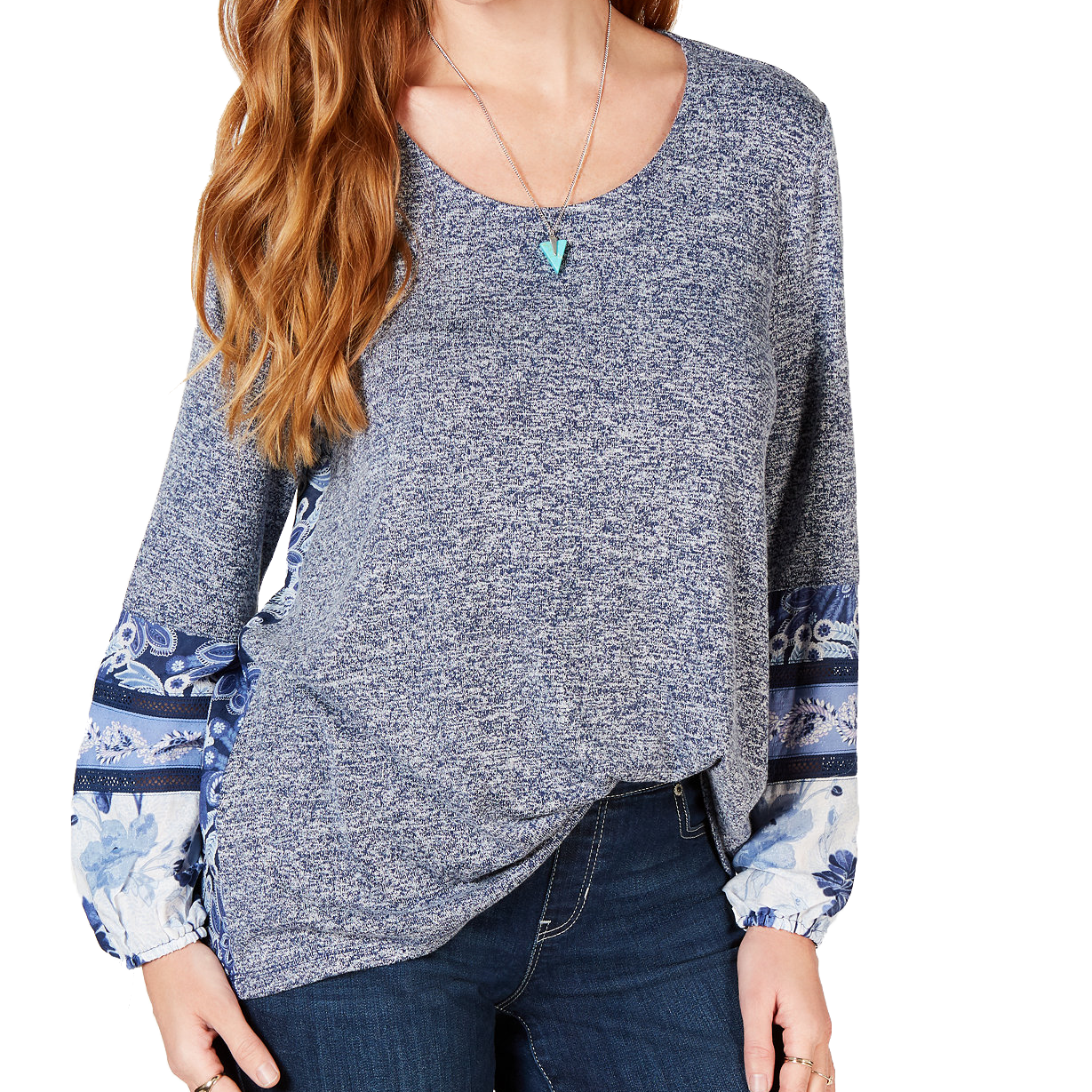 Style & Co Womens Mixed Media Bubble Sleeve Top Blue Painted Mix