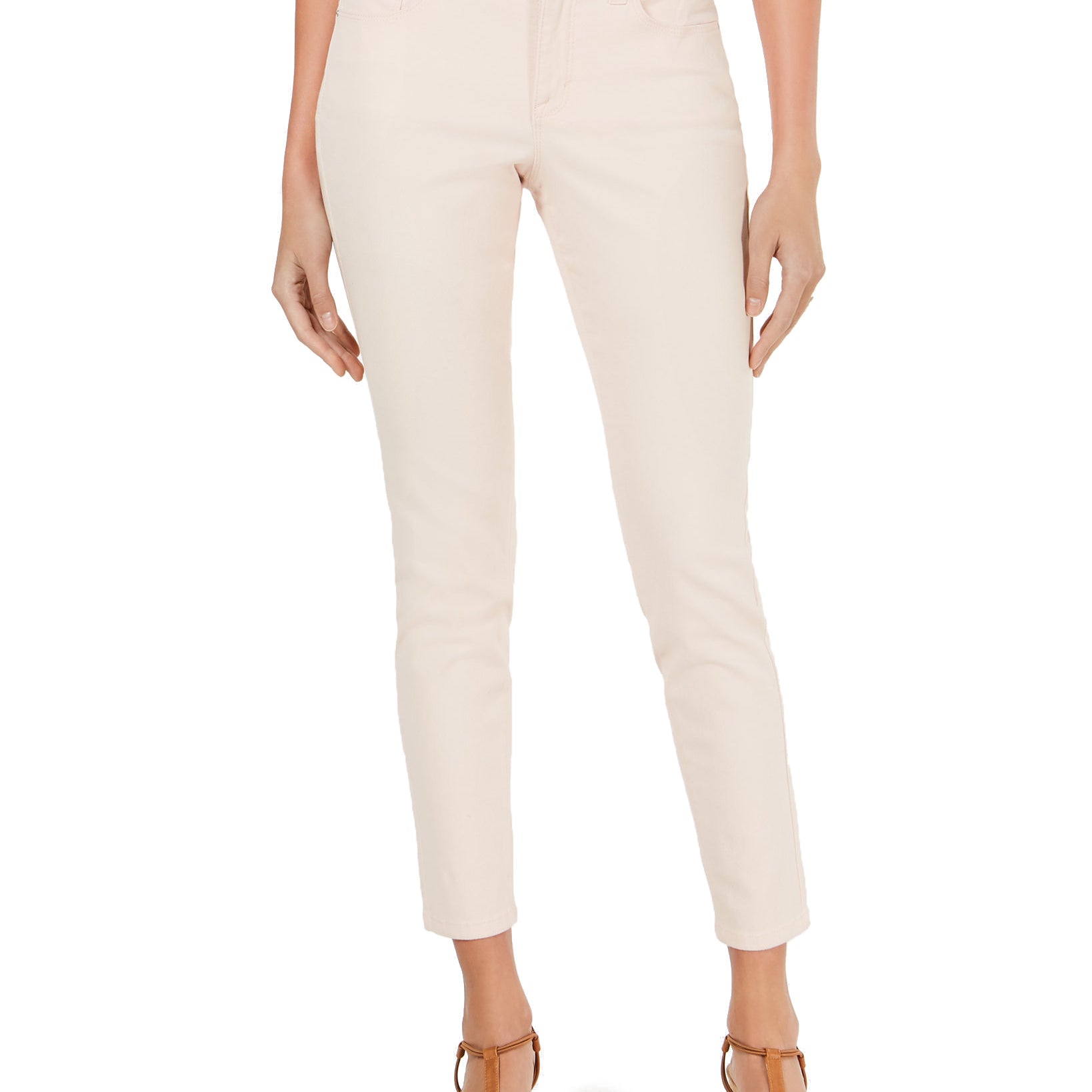 Beige pants worn by a person on a white background
