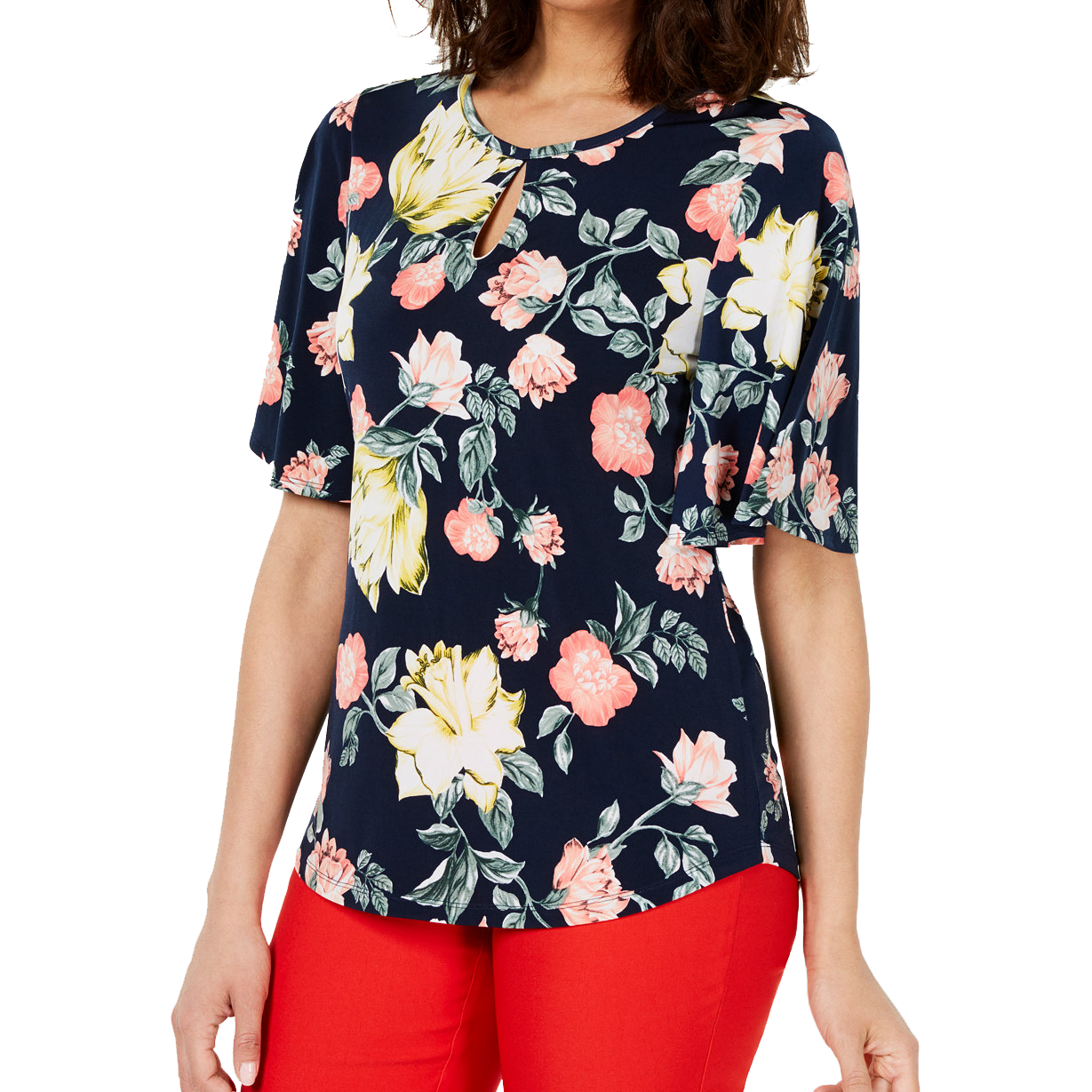 Charter Club Flutter Sleeve Keyhole Top Intrepid Blue Combo