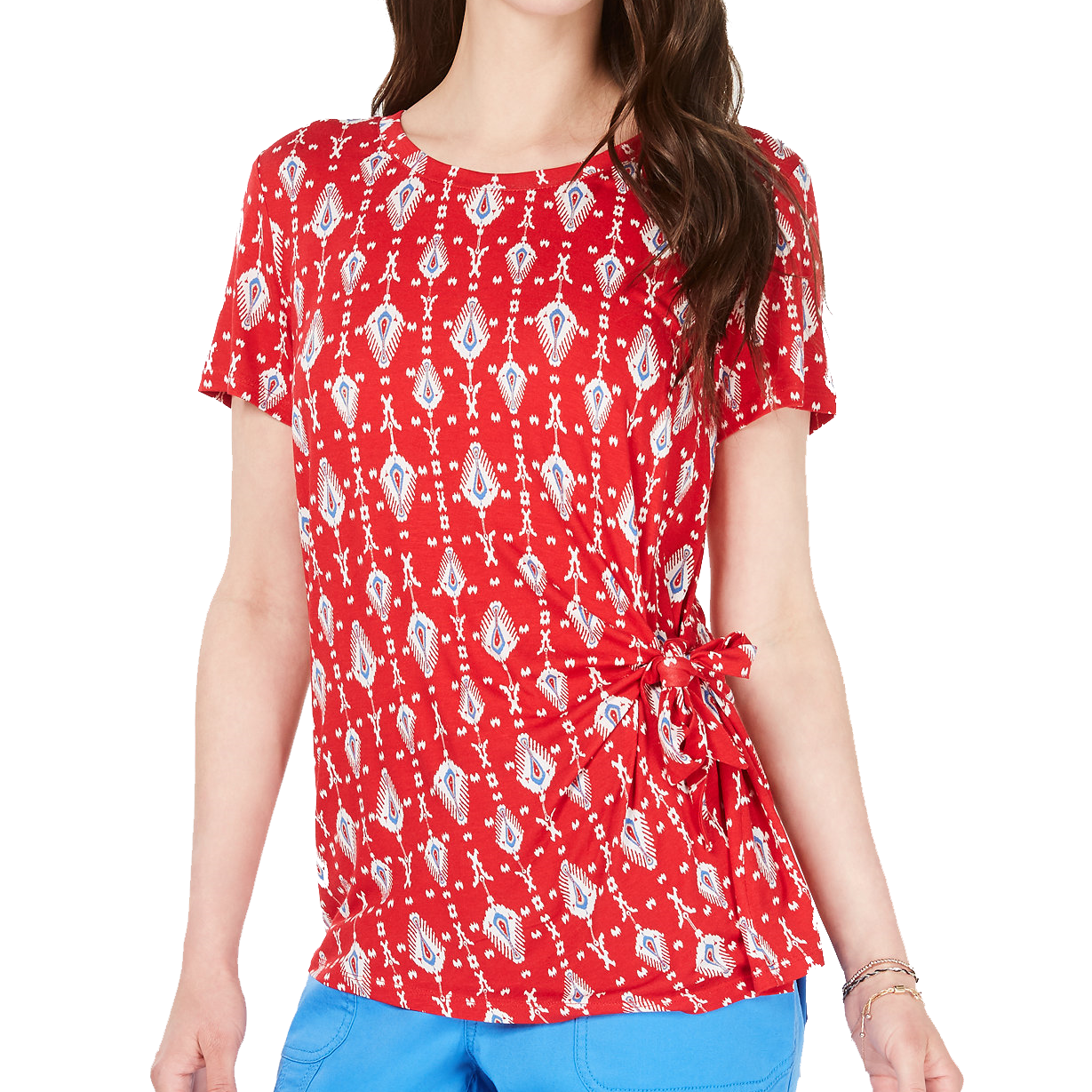 Style & Co Women Printed Side Tie Top Ikat Retreat Red