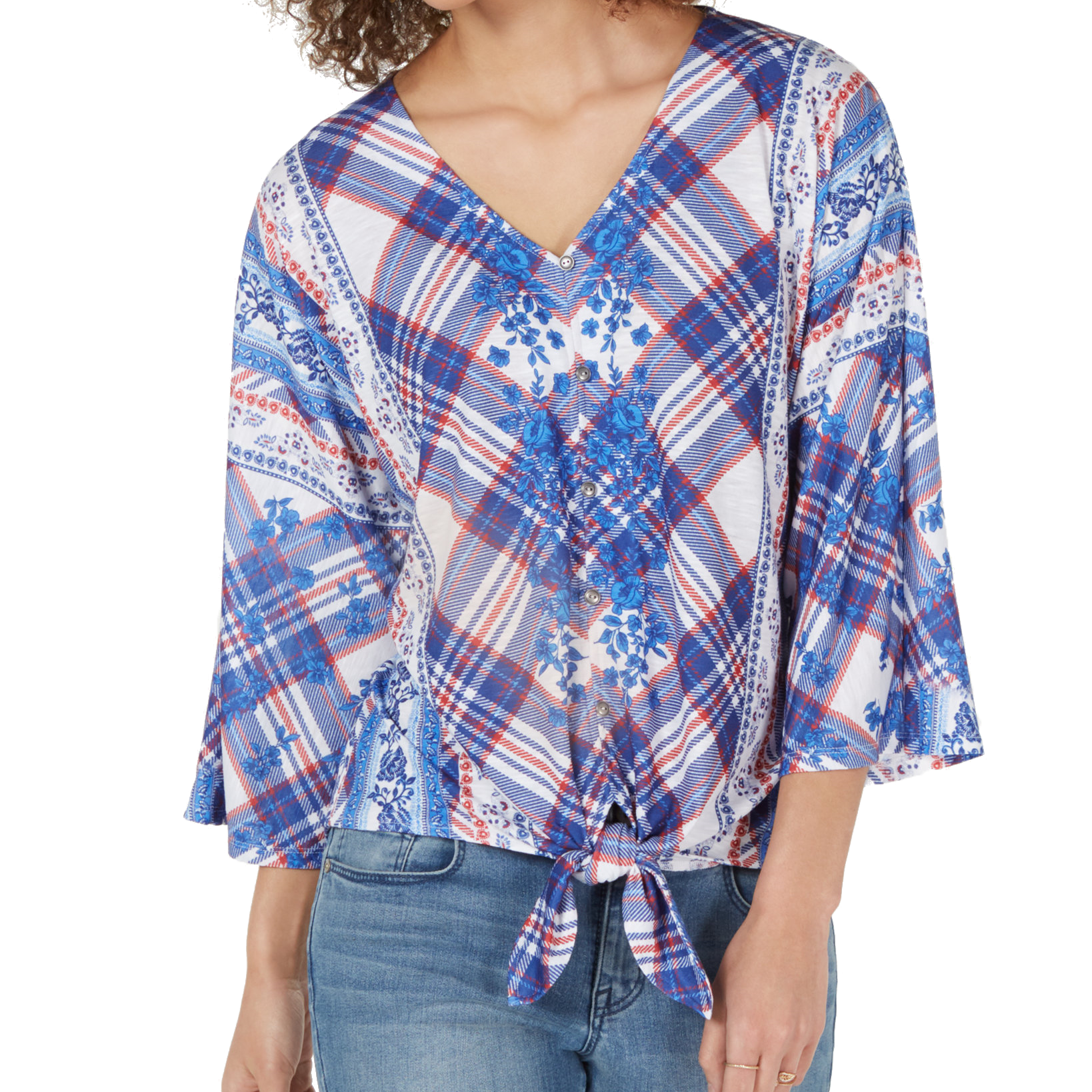 Style & Co Women Printed Tie Front Top Aria Plaid