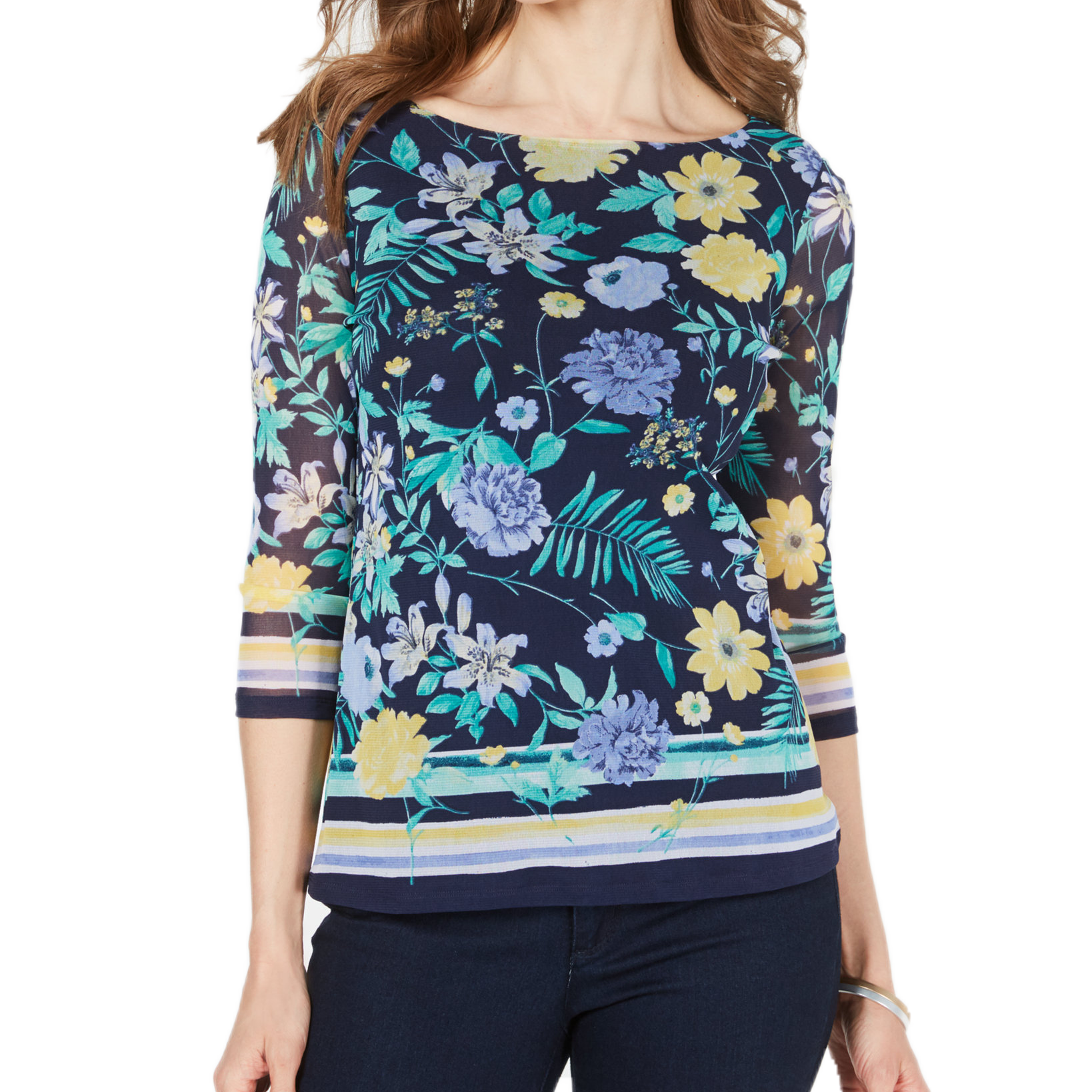 Charter Club Women Floral Print Boat Neck Top Intrepid Blue Combo