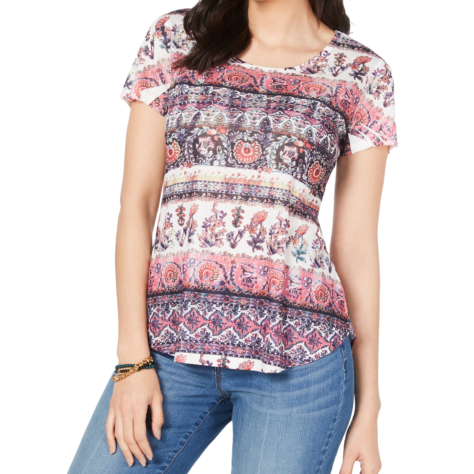 Style & Co Women Petite Printed T Shirt Seven Lines