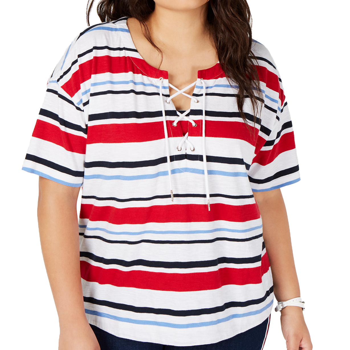 Tommy Hilfiger Women Plus Cotton Lace Up Top Sky Captain