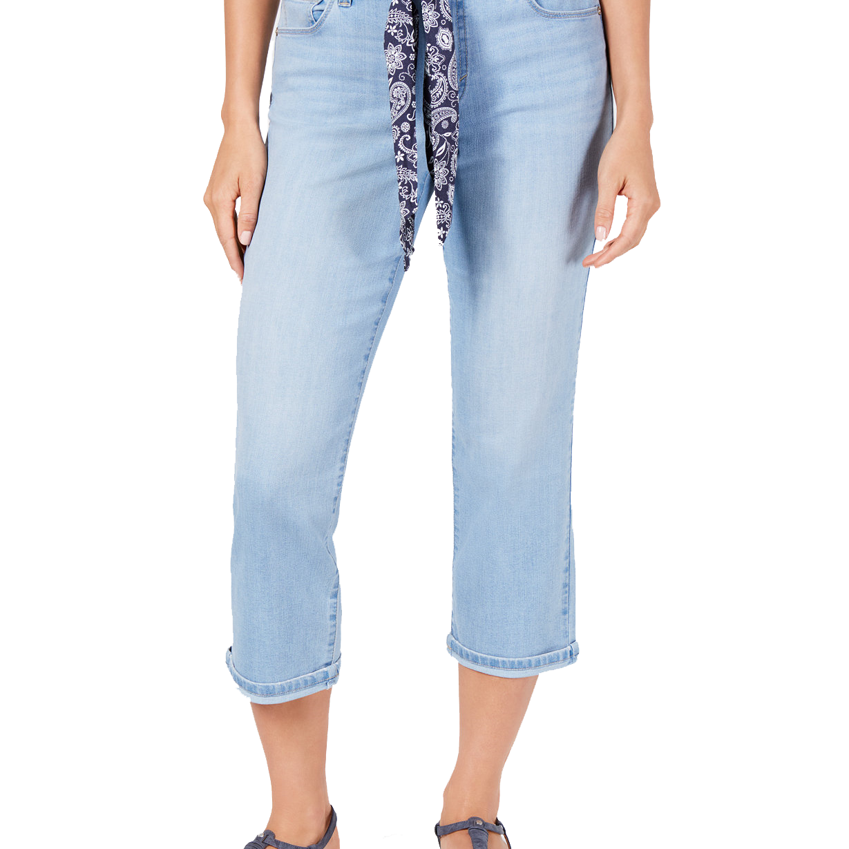 Style & Co Women Petite Scarf Belt Cuffed Capri Jeans Palace Light Wash