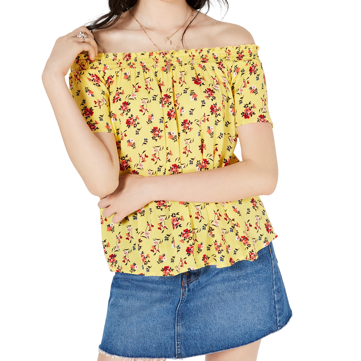 Self Esteem Women Printed Off The Shoulder Peasant Top Lemon Zest