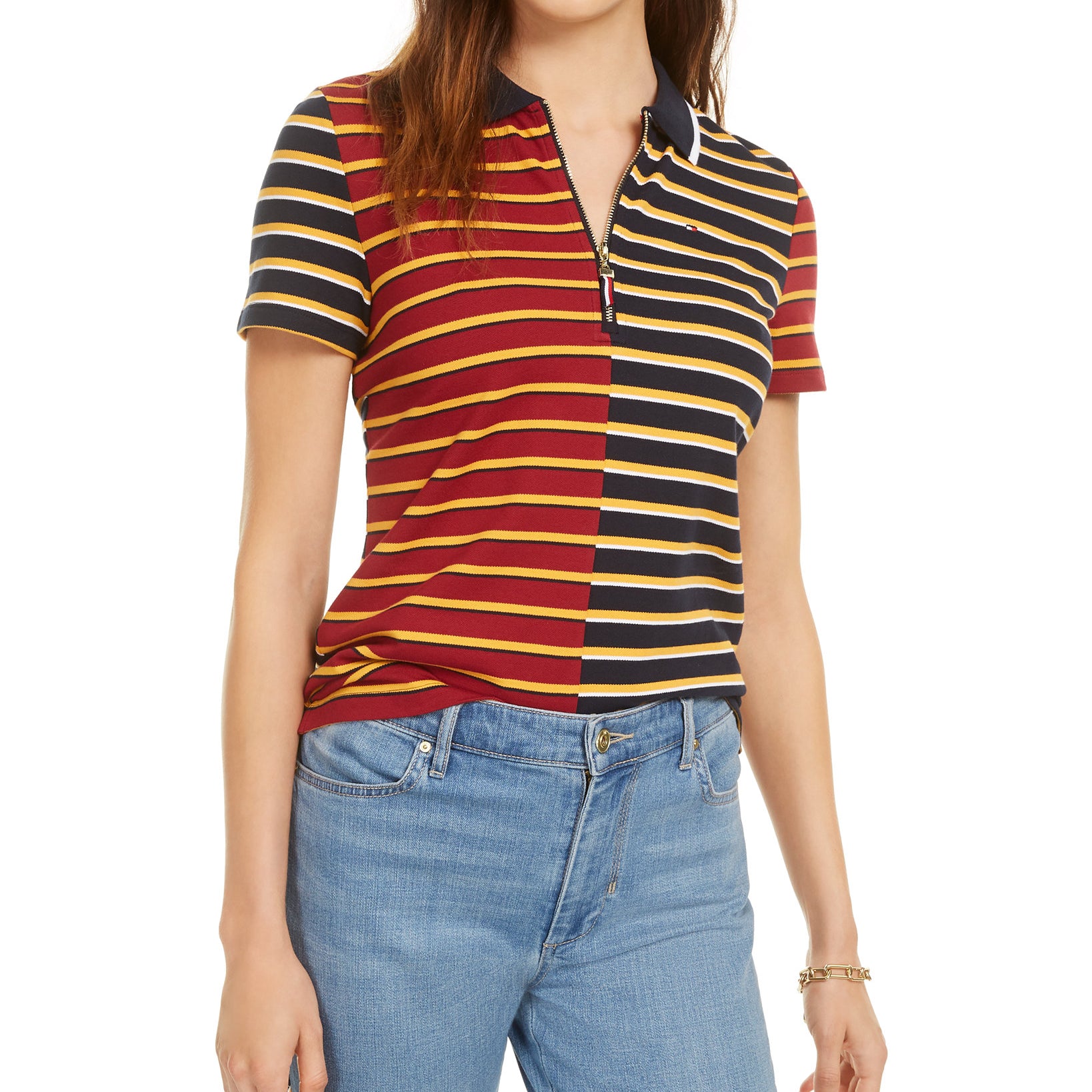 Tommy Hilfiger Women Striped Pique Zip Polo Shirt Sky Captain