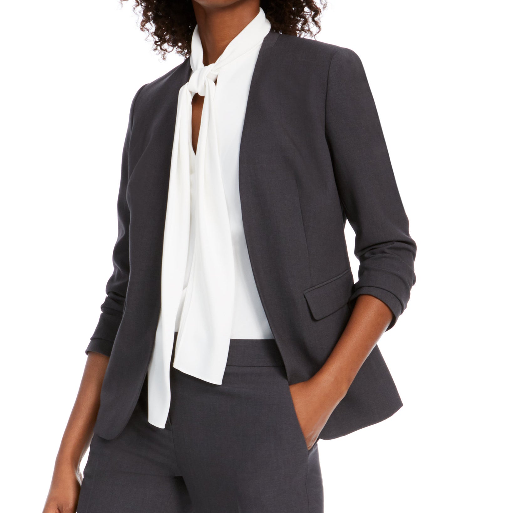 Bar III Women Collarless Open Front Blazer Granite Gray