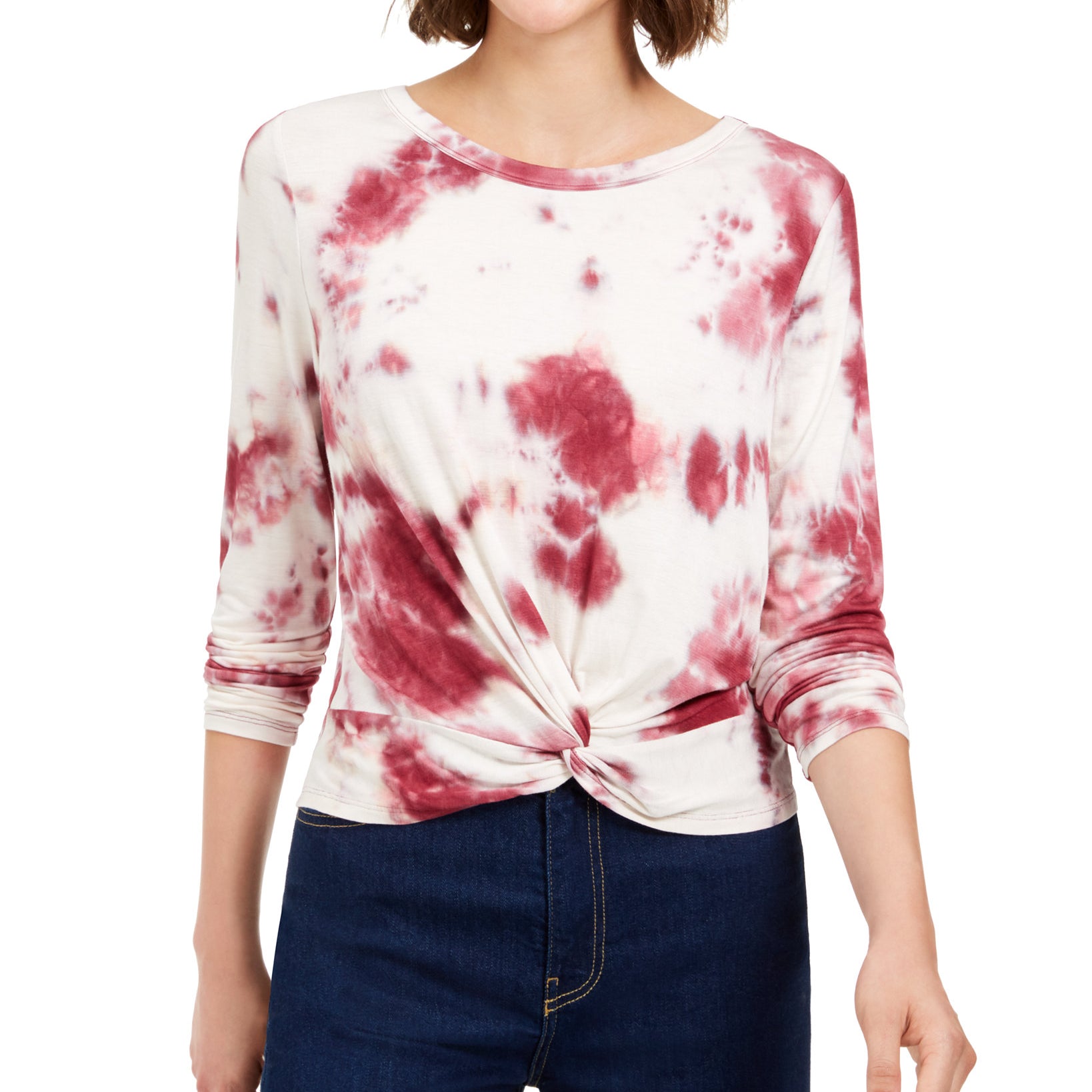 Hooked Up by IOT Women Tie Dye Twist Front Top Burgundy