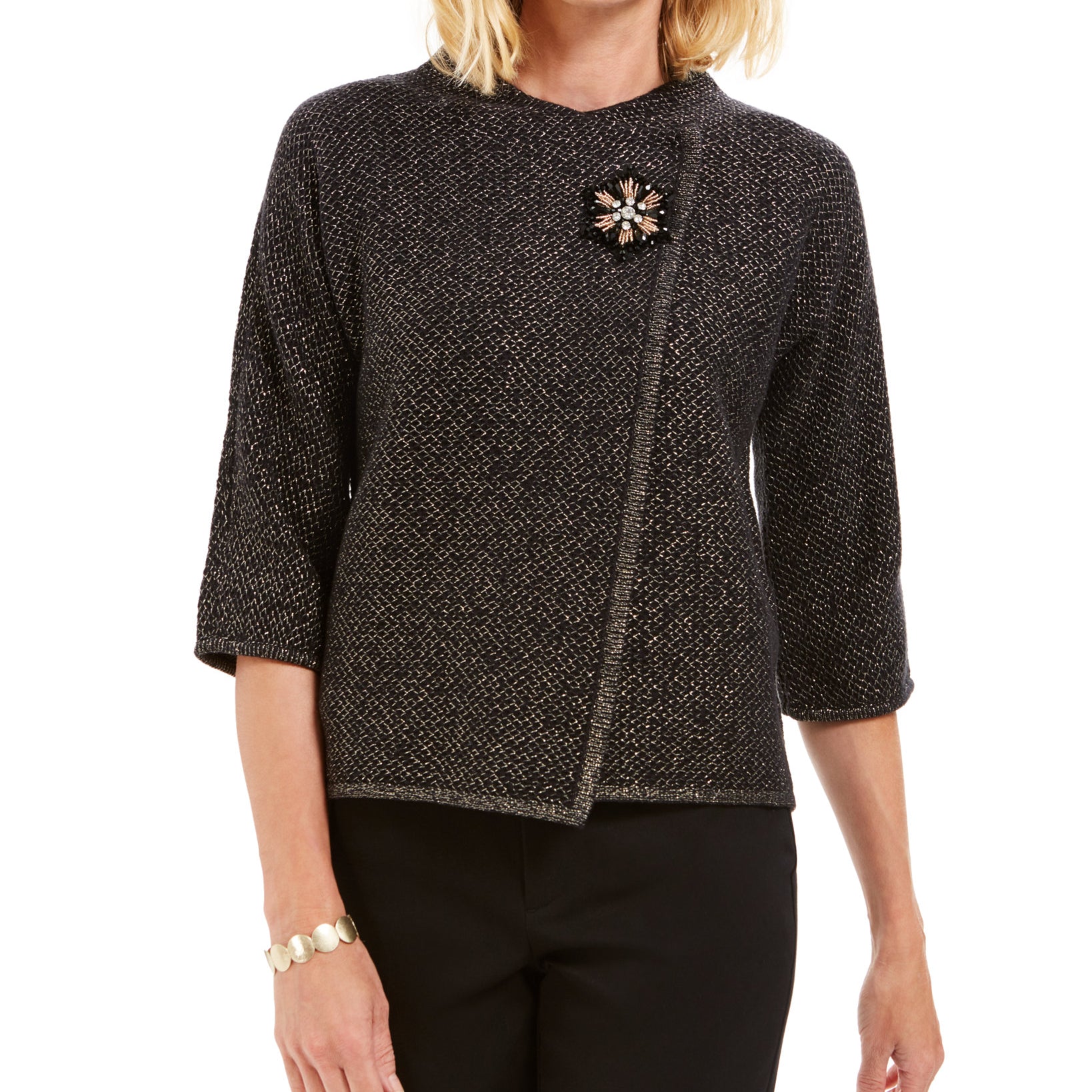 JM Collection Women Holiday Party Metallic Textured Brooch Sweater Jacket Deep Black
