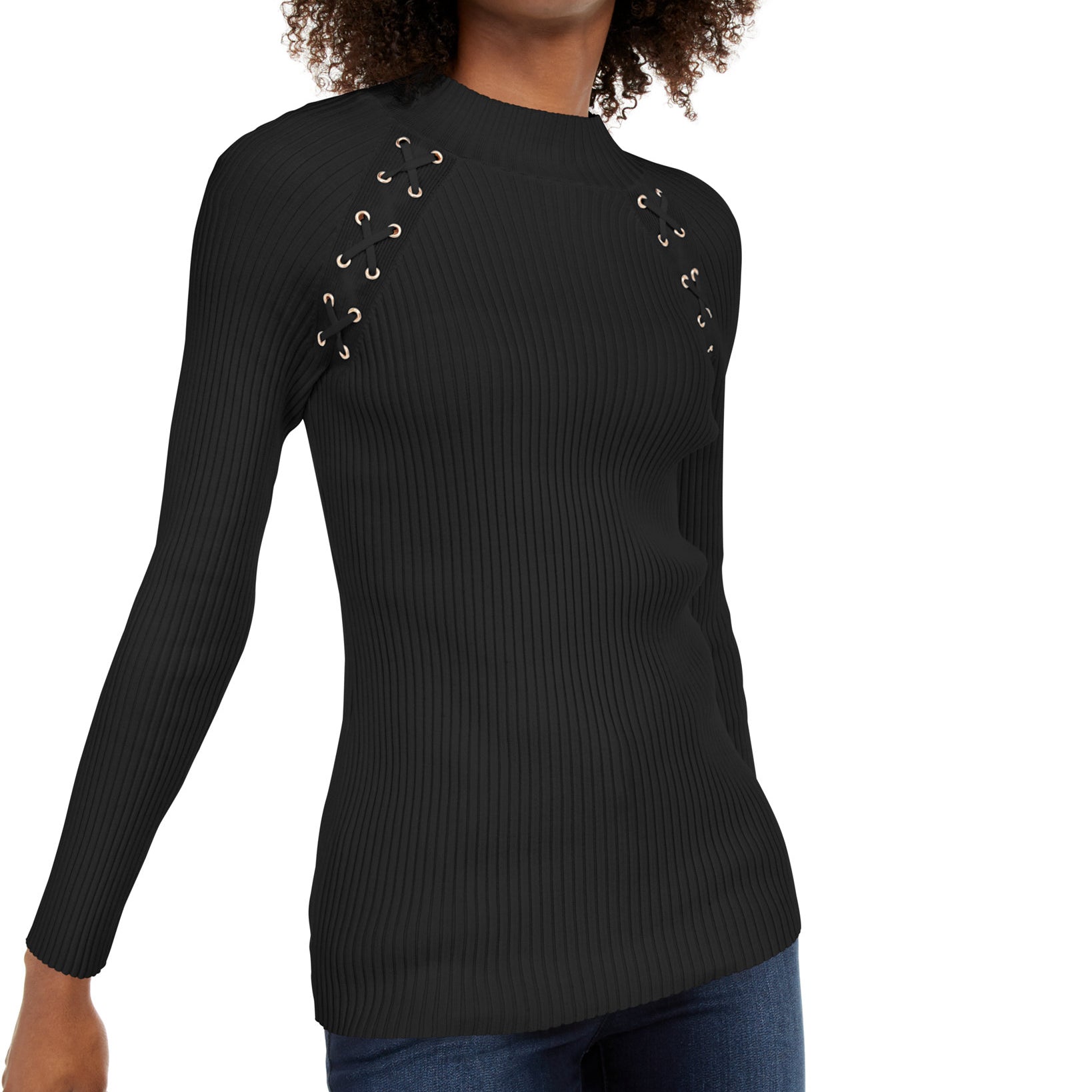 INC International Concepts Women Lace Up Sweater Deep Black