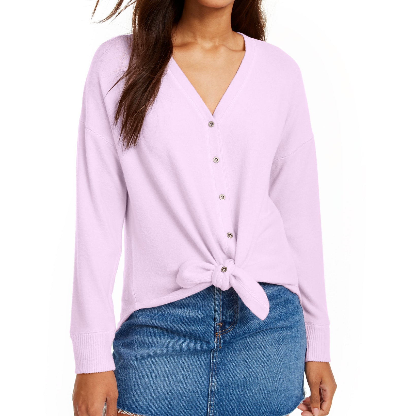 Hippie Rose Women Cozy Tie Front Shirt Lilac Petal