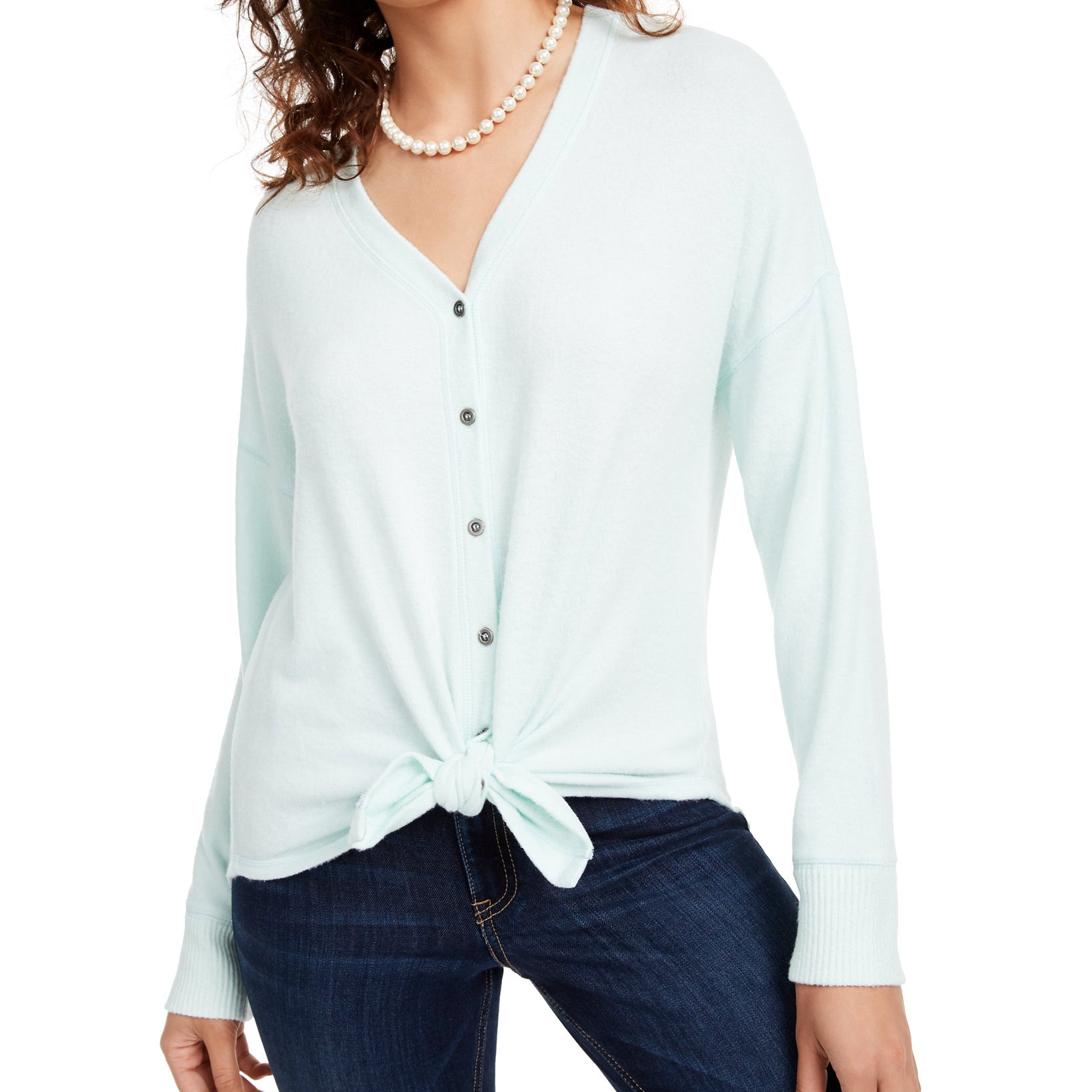 Hippie Rose Women Cozy Tie Front Shirt Sea Spray