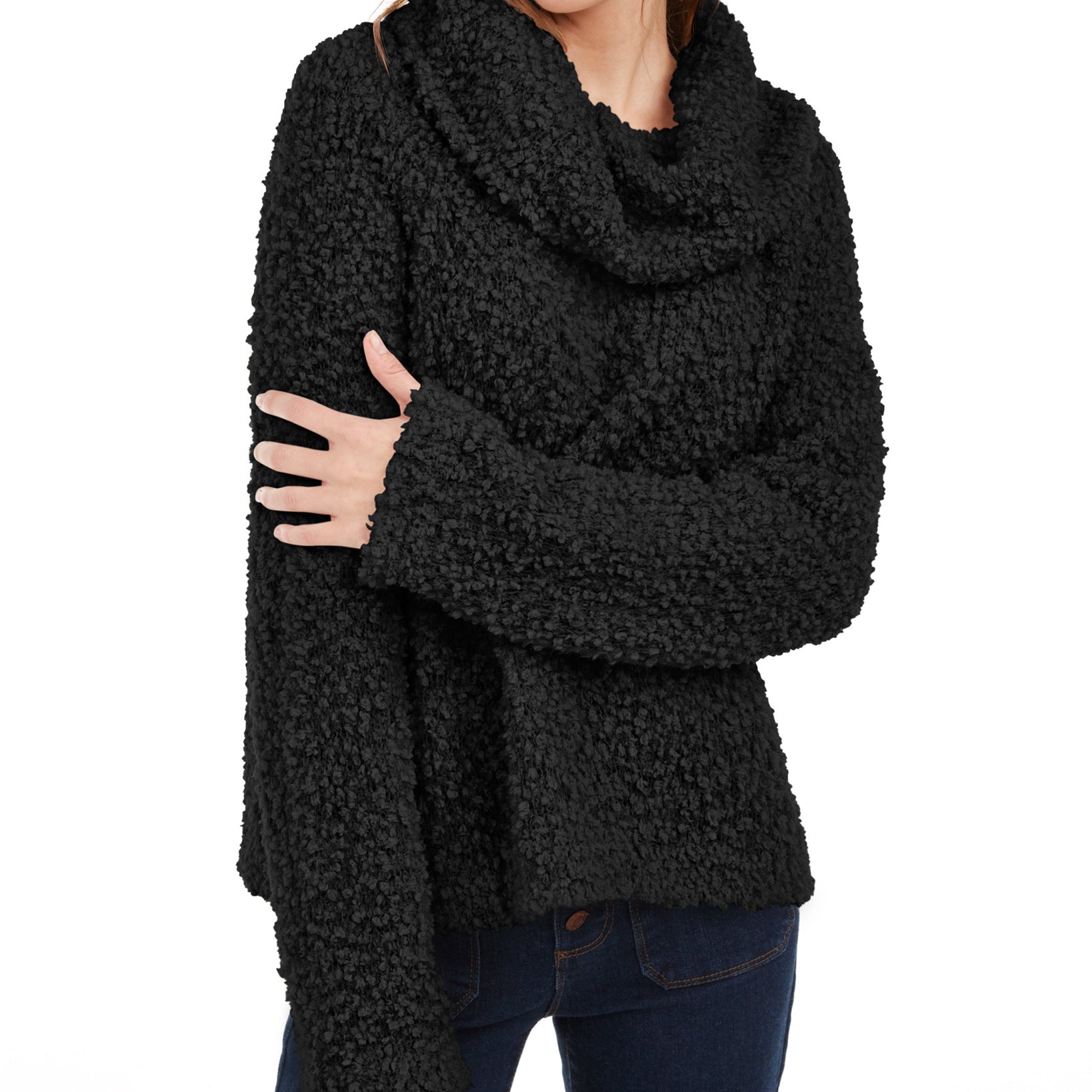 Hippie Rose Women Textured Cowl Neck Sweater Black