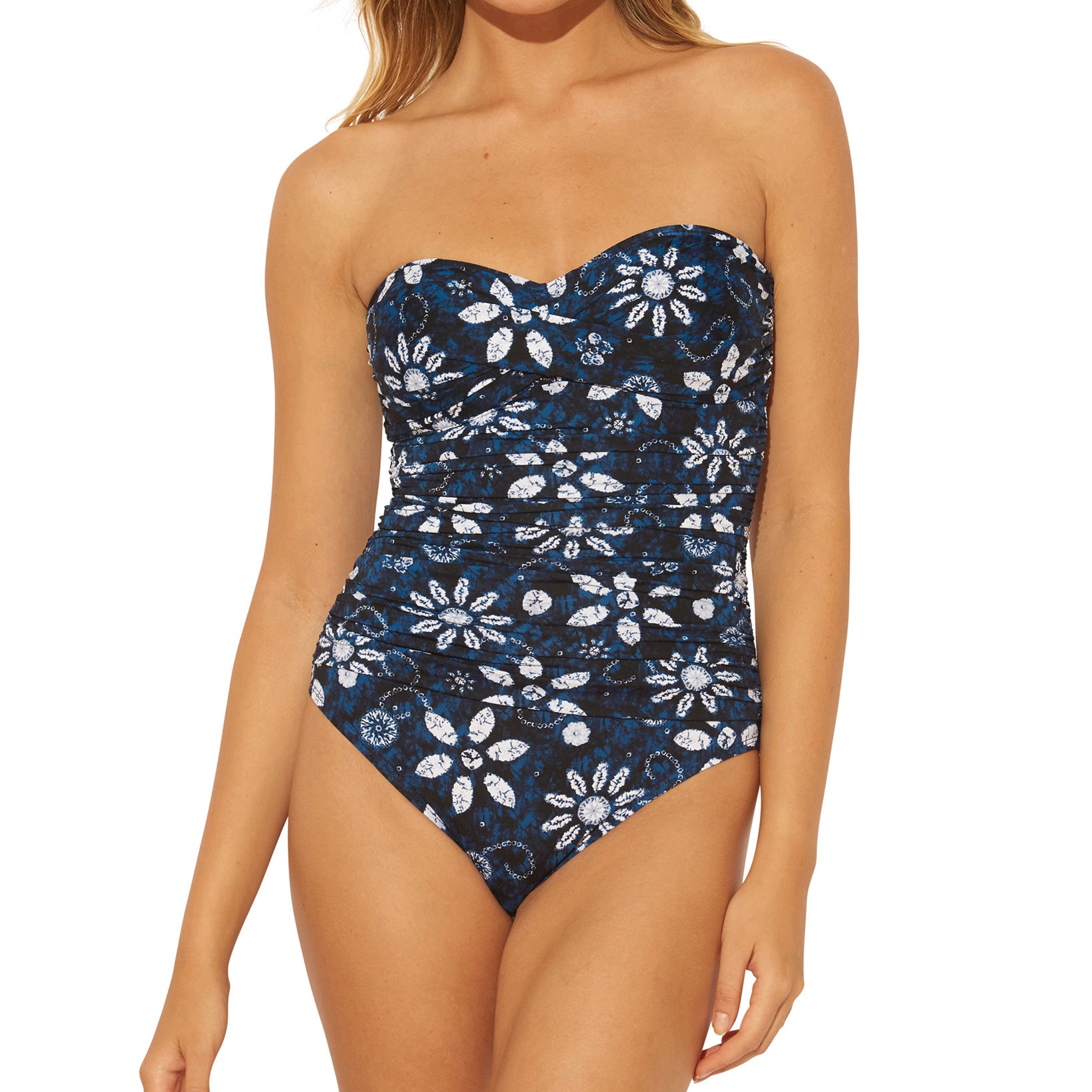 Bleu by Rod Beattie Women Printed Bandeau One Piece Swimsuit Navy