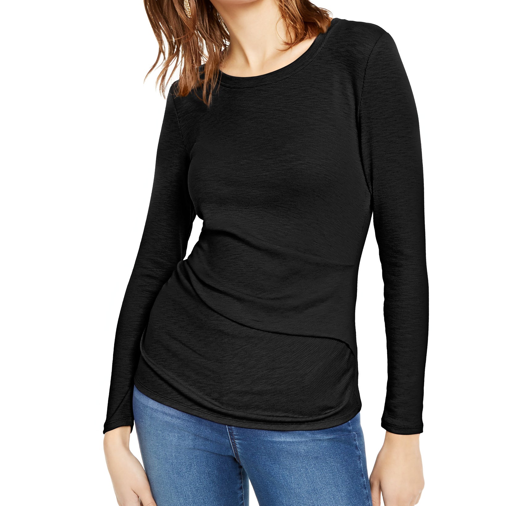 INC International Concepts Women Long Sleeve Draped T Shirt Deep Black