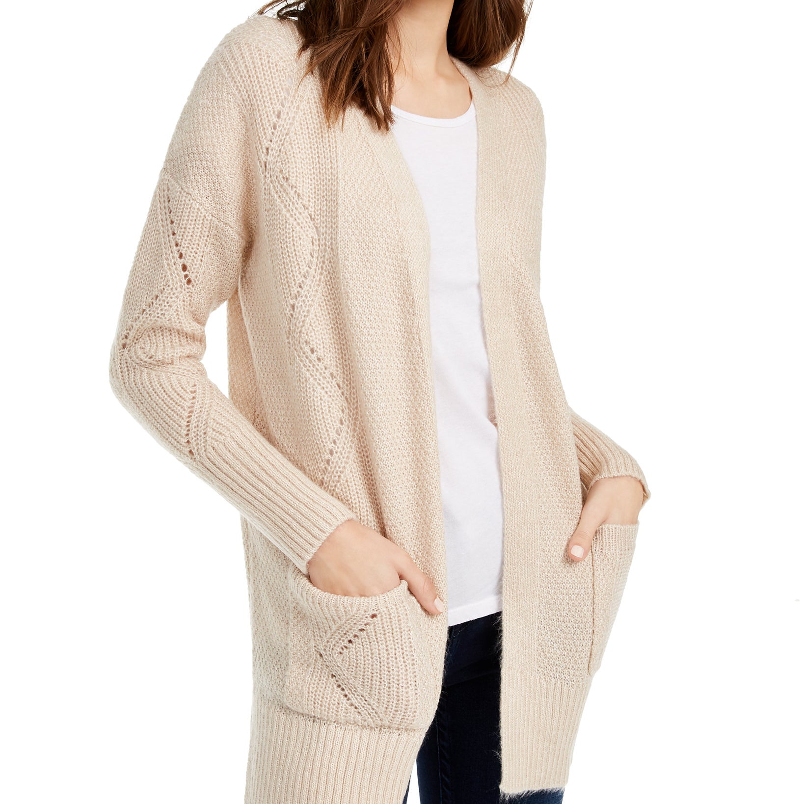 Pink Rose Women Open Front Cardigan Heather Oatmeal