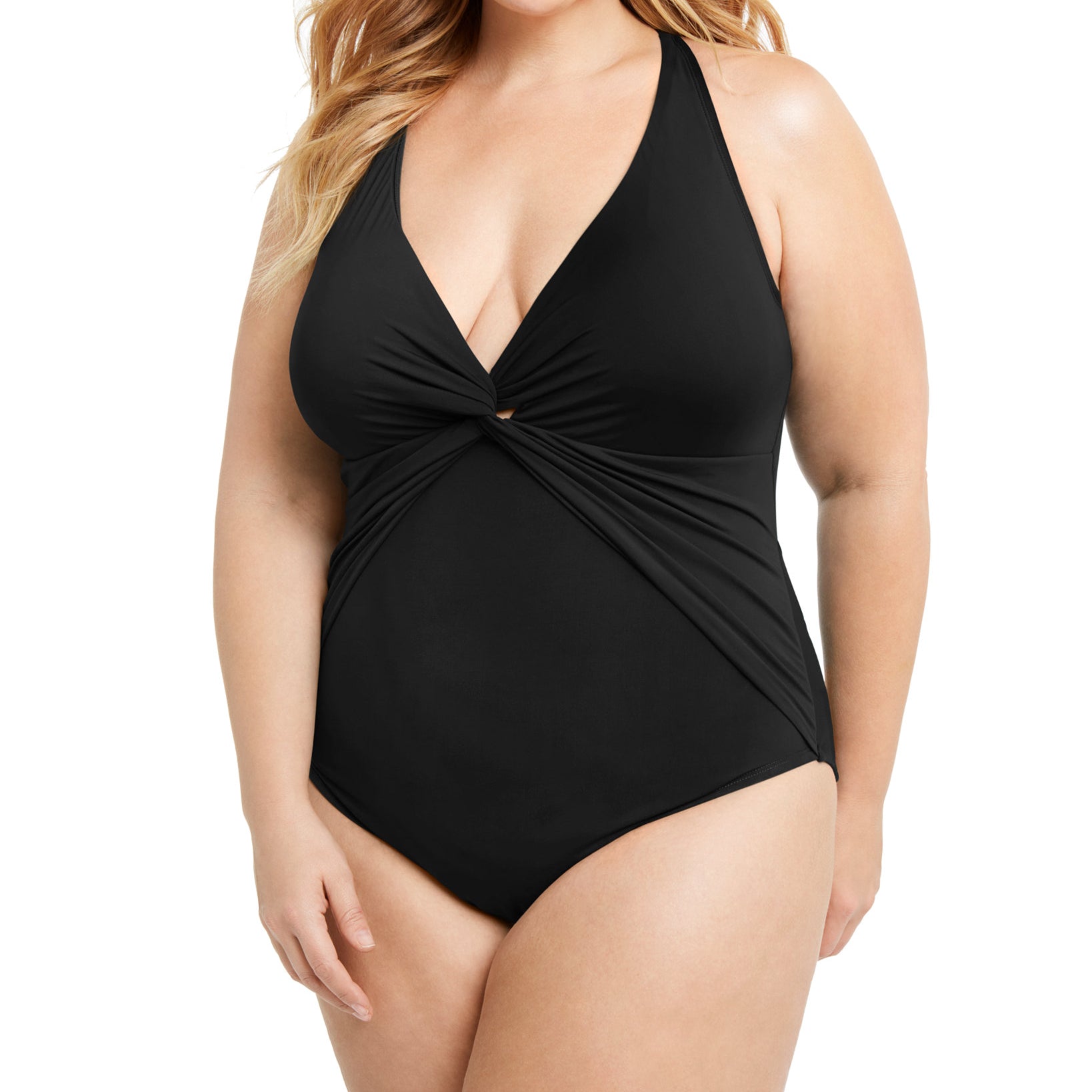 Bleu by Rod Beattie Women Plus Trendy Plunging Halter One Piece Swimsuit Black