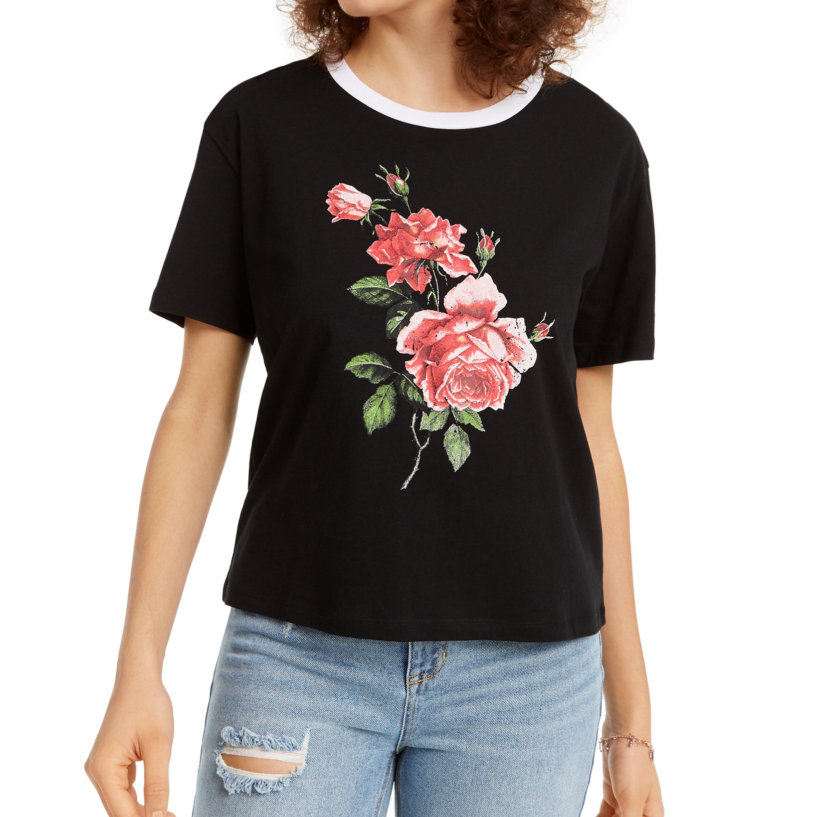 Rebellious One Womens Cotton Rose Graphic T Shirt Black