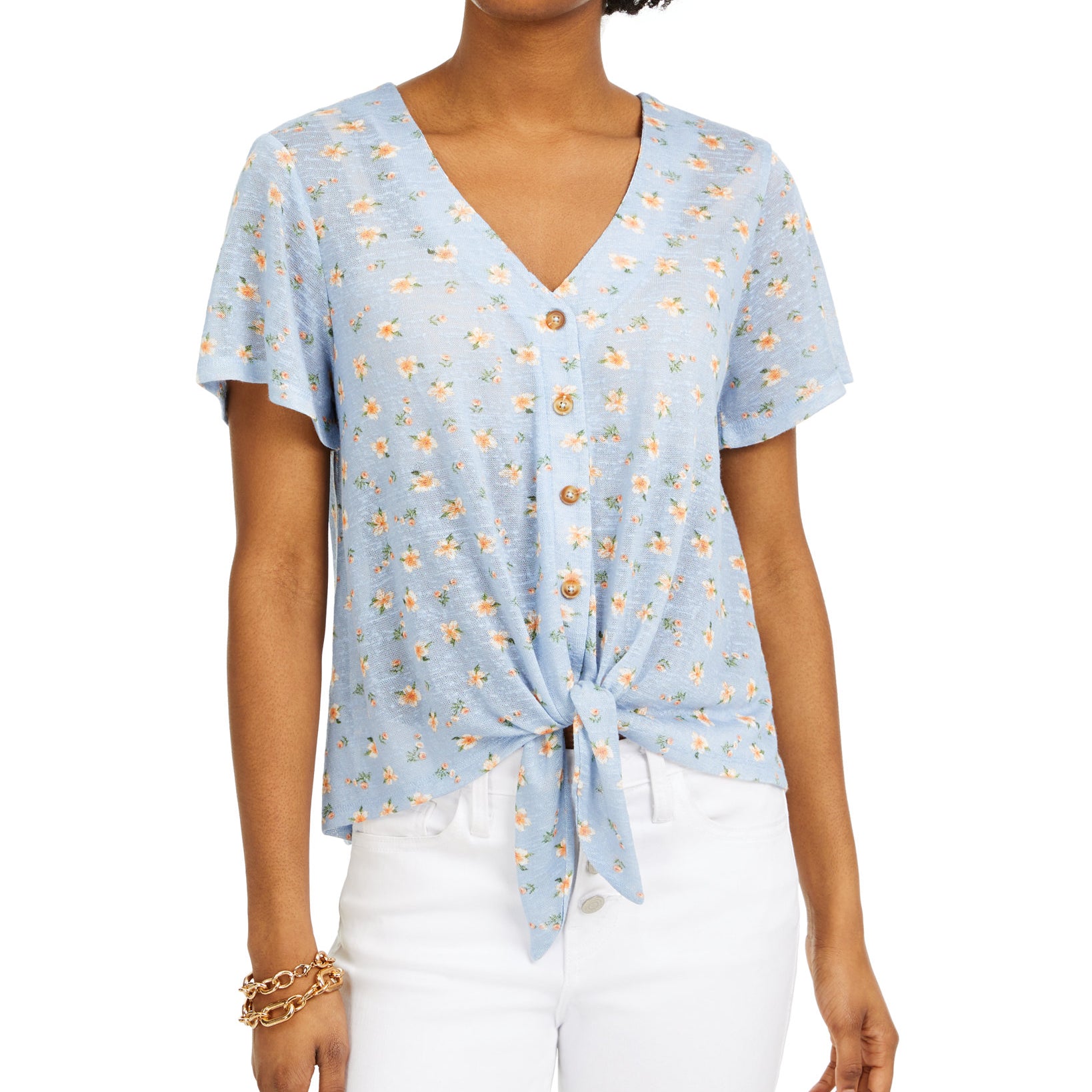 Hippie Rose Women Floral Print Tie Front Top Skylight Blue Ditsy