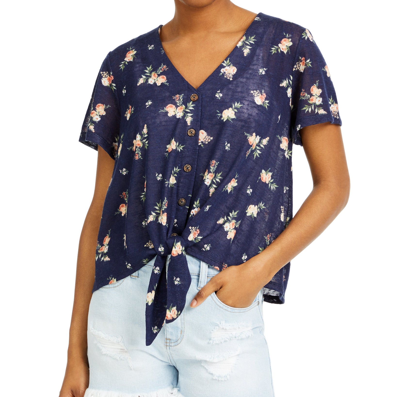 Hippie Rose Women Floral Print Tie Front Top Navy Floral