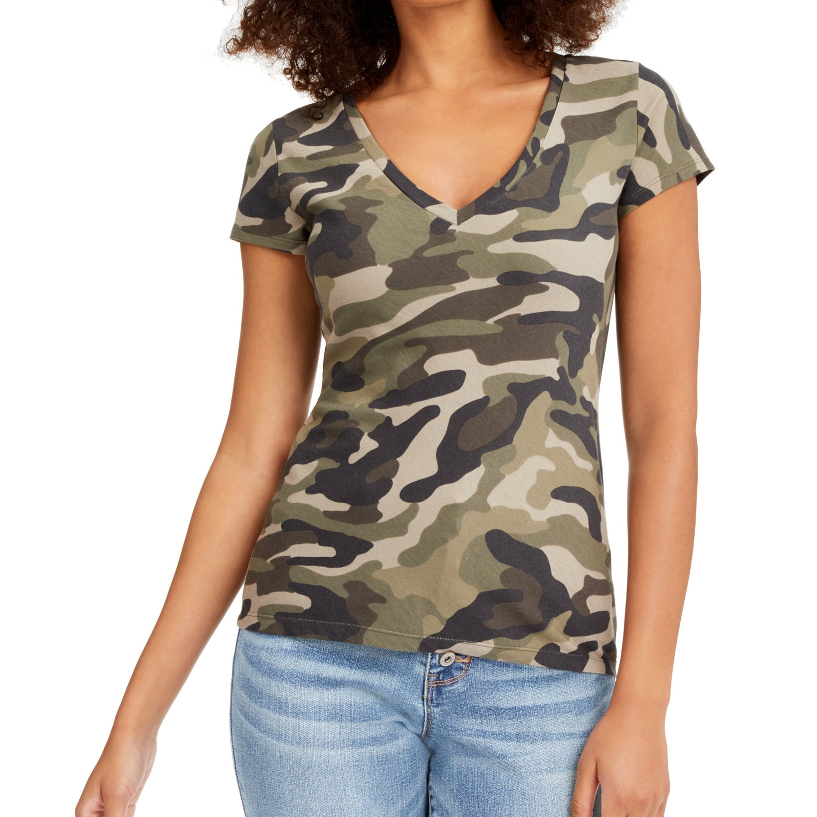 INC International Concepts Women Printed V Neck T Shirt Camile Camo