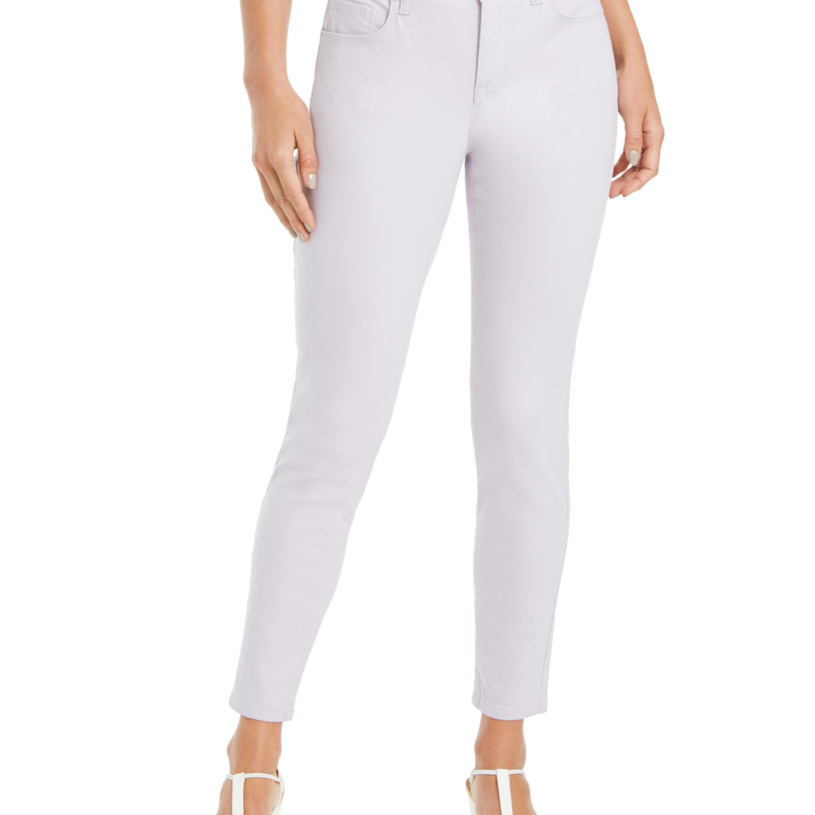 Light purple jeans worn by a person on a white background
