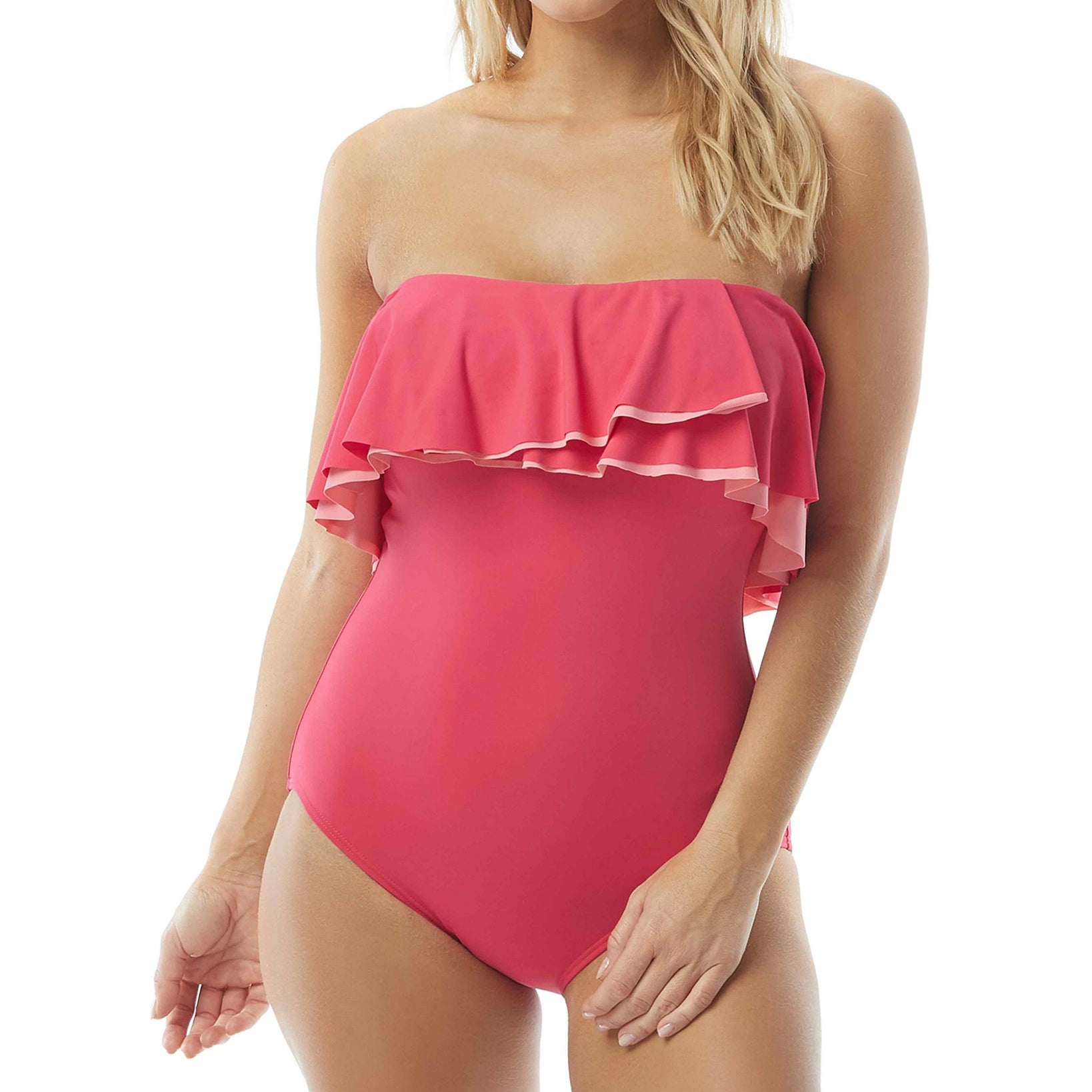 Coco Reef Women Contours Ruffled Strapless Tummy Control One Piece Swimsuit Hibiscus