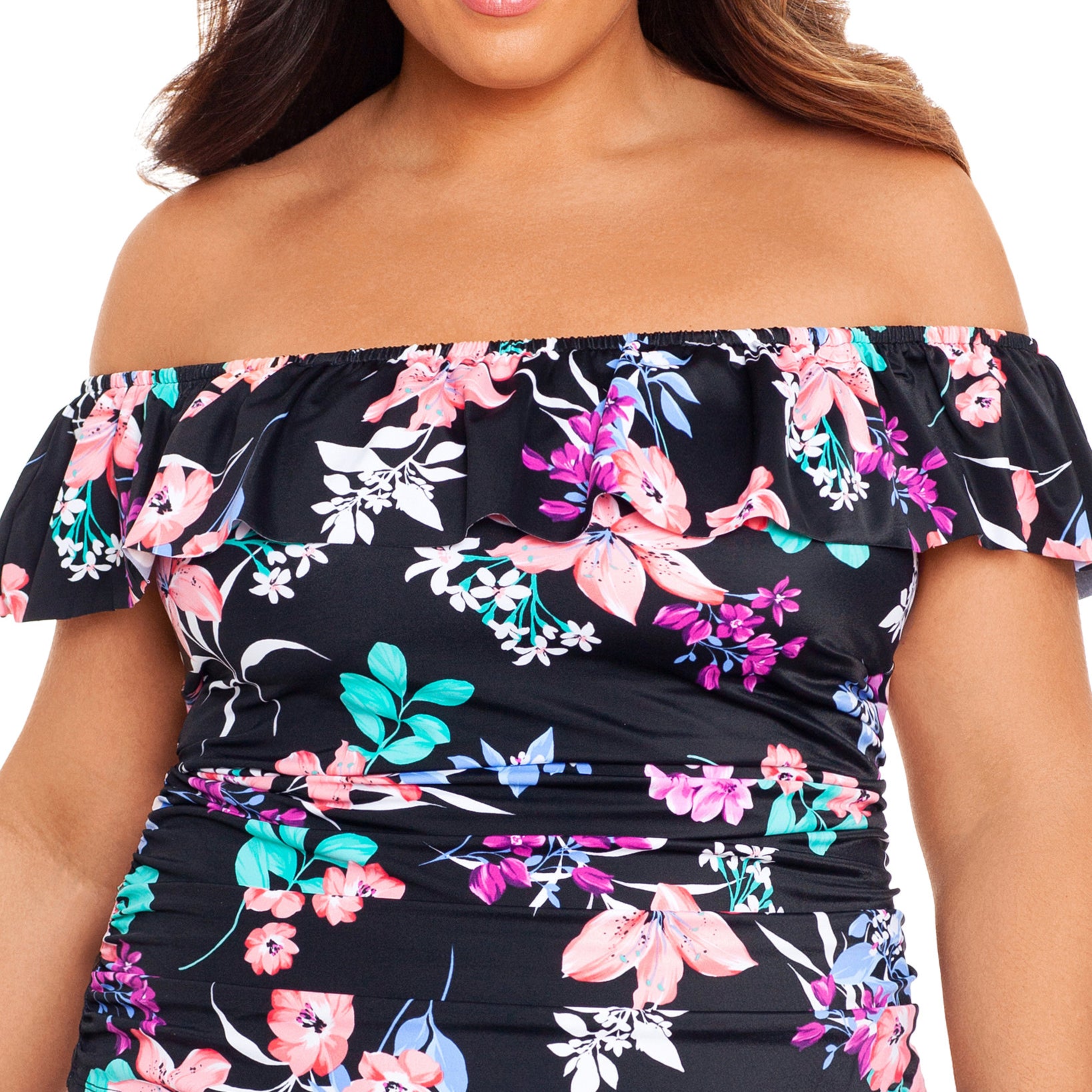 Swim Solutions Women Plus Printed Ruffled Off The Shoulder Tankini Top Black