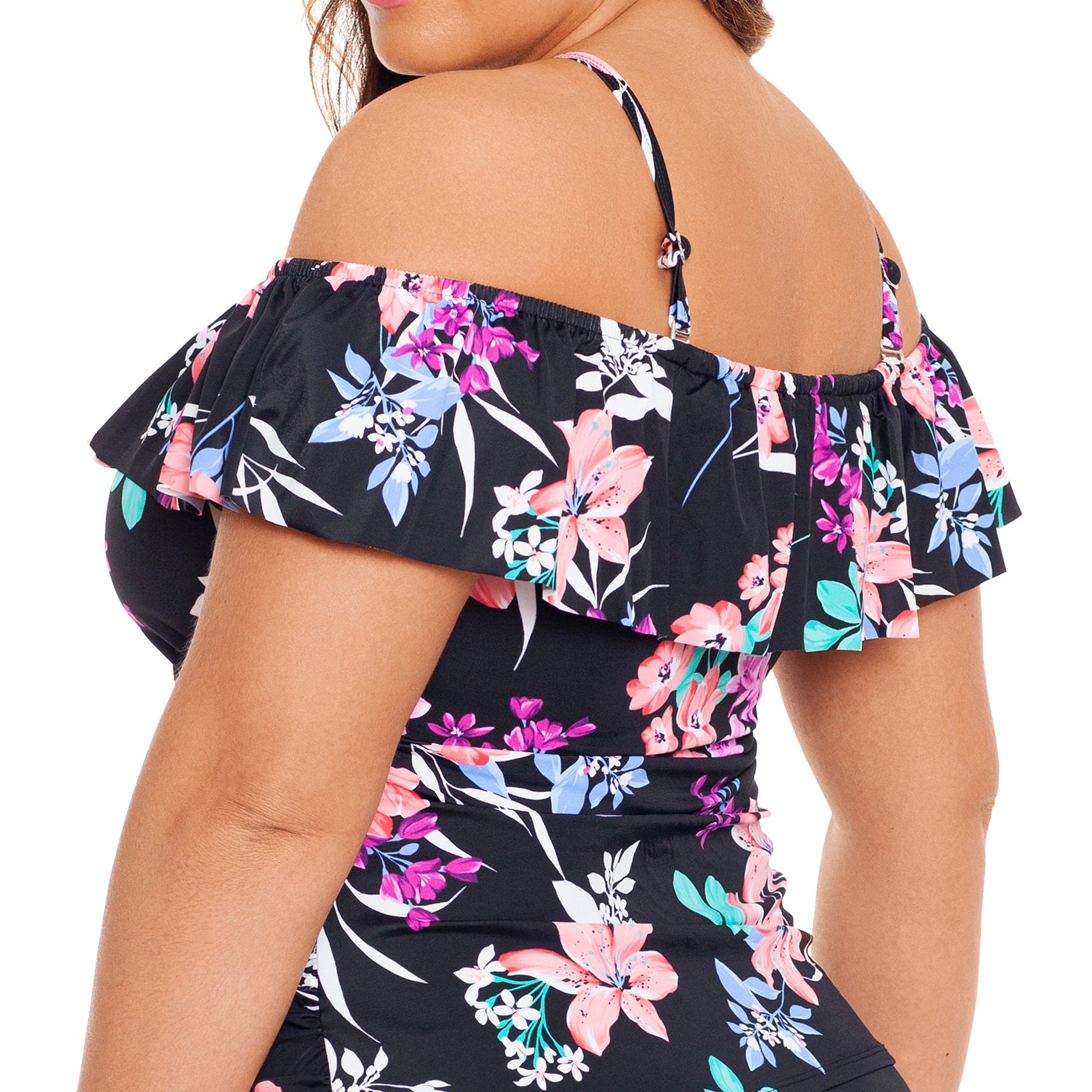 Swim Solutions Women Plus Printed Ruffled Off The Shoulder Tankini Top