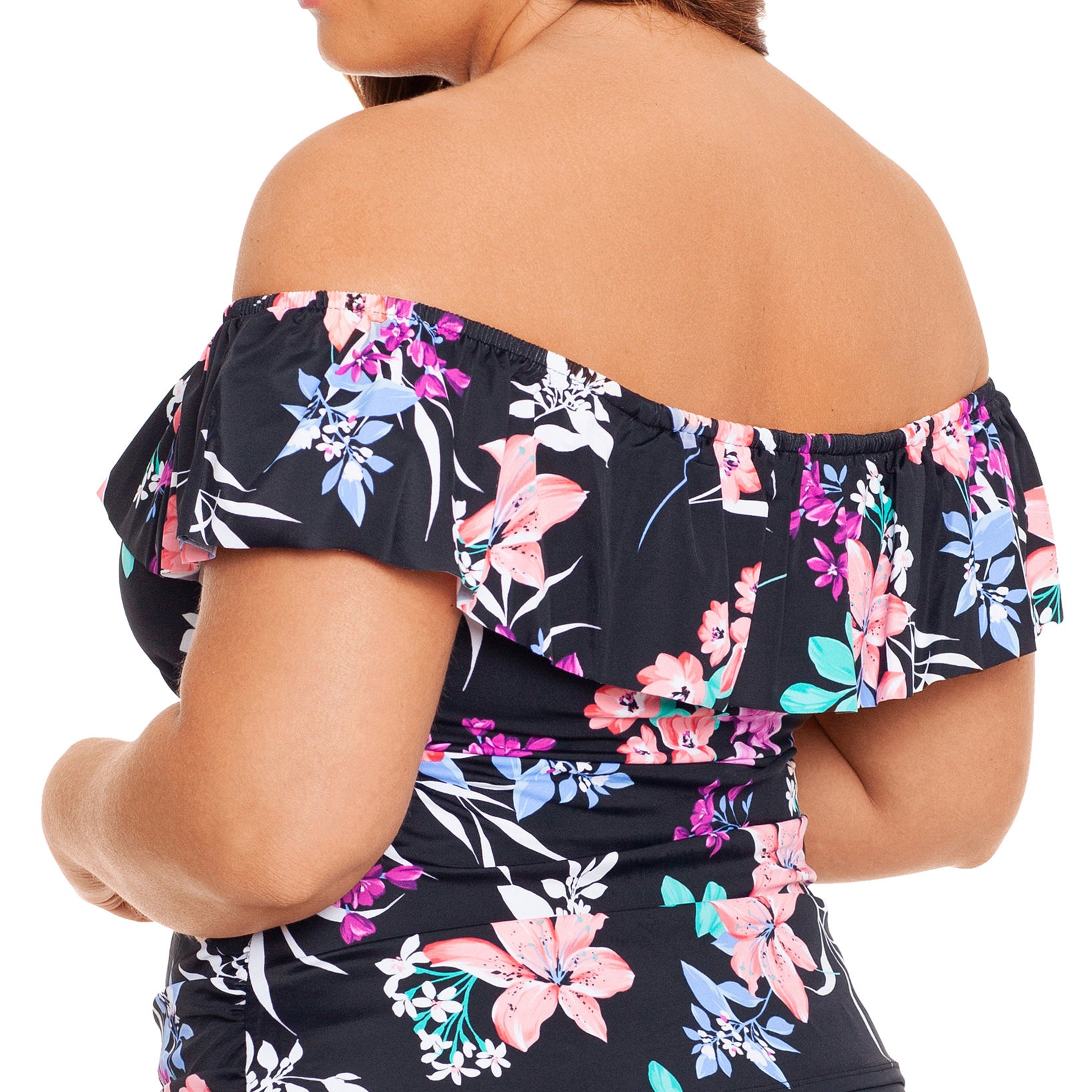 Swim Solutions Women Plus Printed Ruffled Off The Shoulder Tankini Top