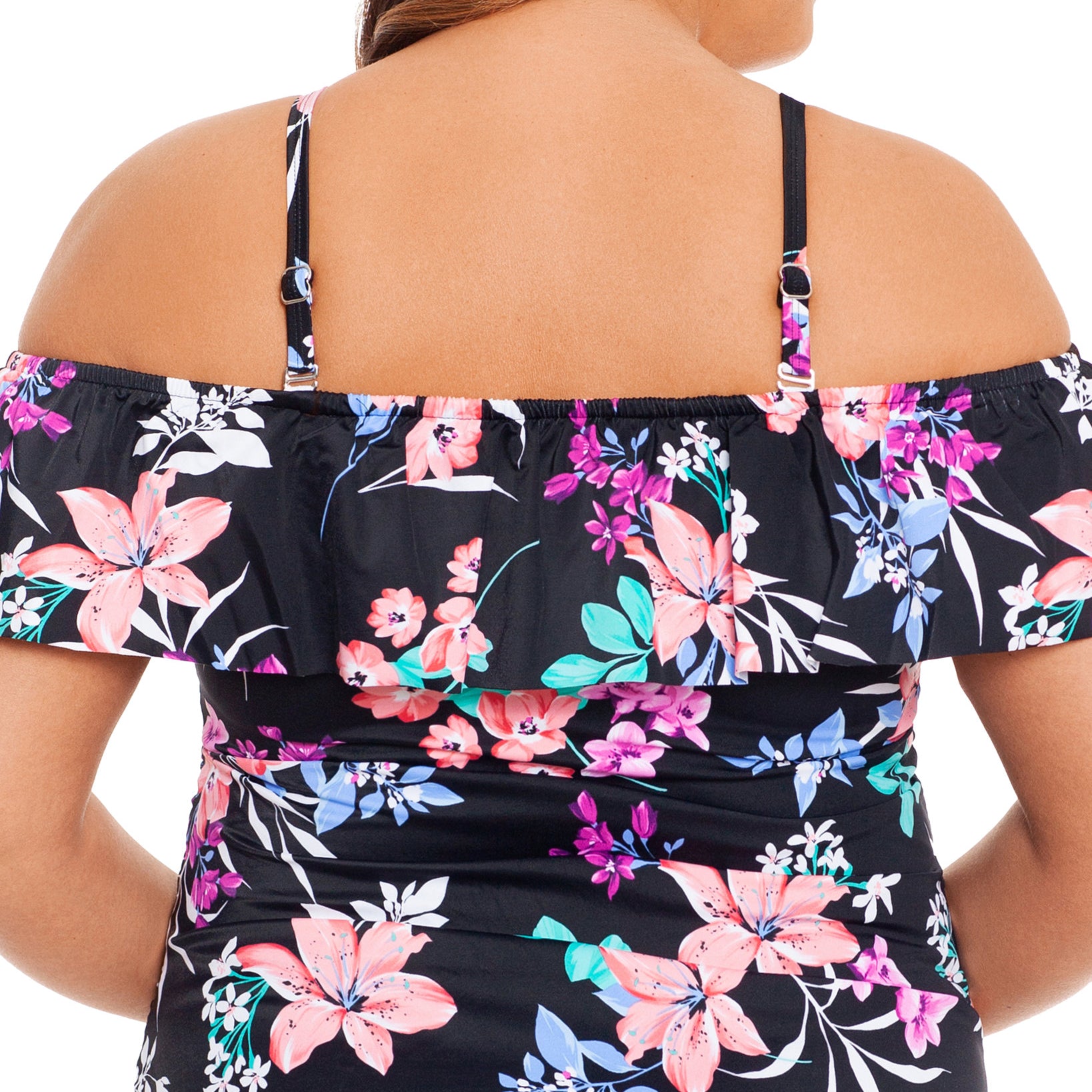 Swim Solutions Women Plus Printed Ruffled Off The Shoulder Tankini Top